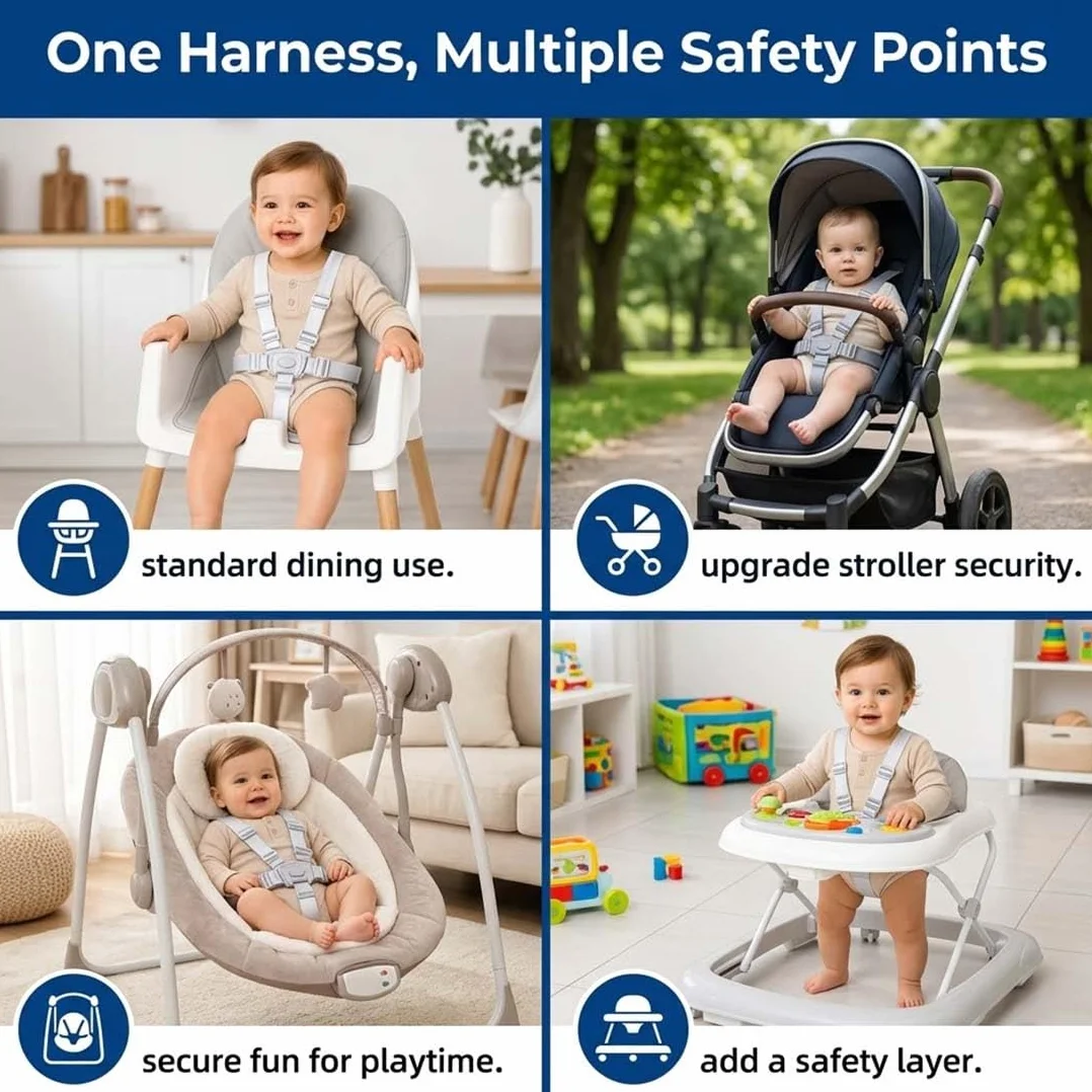 1 Pezzo Cinture Universali per Seggiolone, Cinghie per Seggiolone a 5 Punti Regolabile, Cintura di Sicurezza per Bambini Imbracatura per Seggiolone, Attacco per Passeggino