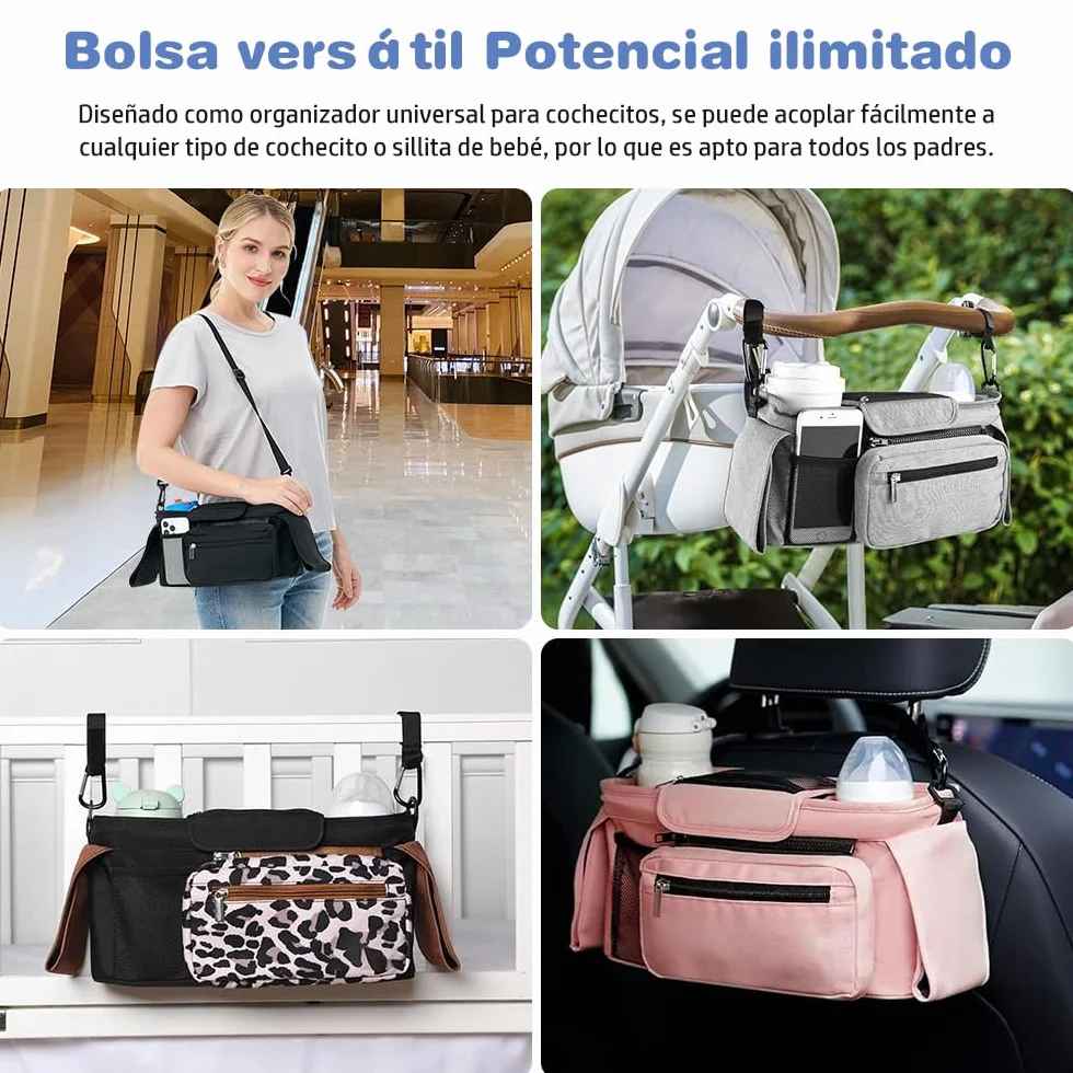 Borsa organizer per passeggino, borsa organizer per passeggino con portabicchieri isolato e tracolla regolabile, per pannolini e giocattoli, passeggino con 2 ganci (leopardo)