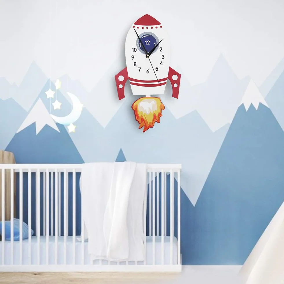 Orologio per decorazioni per la camera da letto per bambini, batteria a parete silenziosa per parete silenziosa a razzo cartone animato per bambini