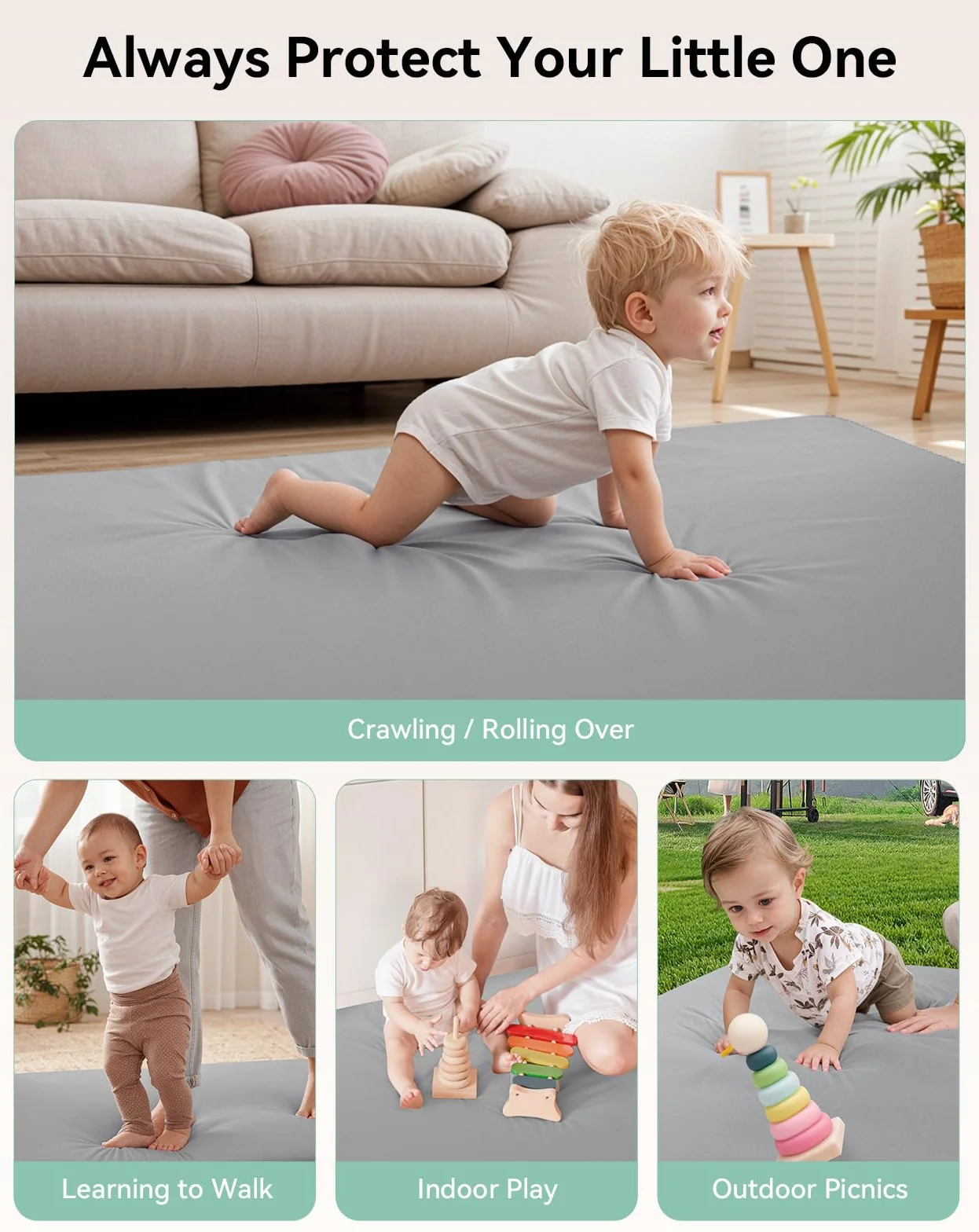 COMOMY Pelle Vegana Tappeto Gioco Bambini, 127x127x3 cm Extra Spesso e Morbido Tappeto Neonato, Impermeabile e Non Tossico Tappeto Tummy Time Neonati, Tappetino per Box Bambini, Grigio