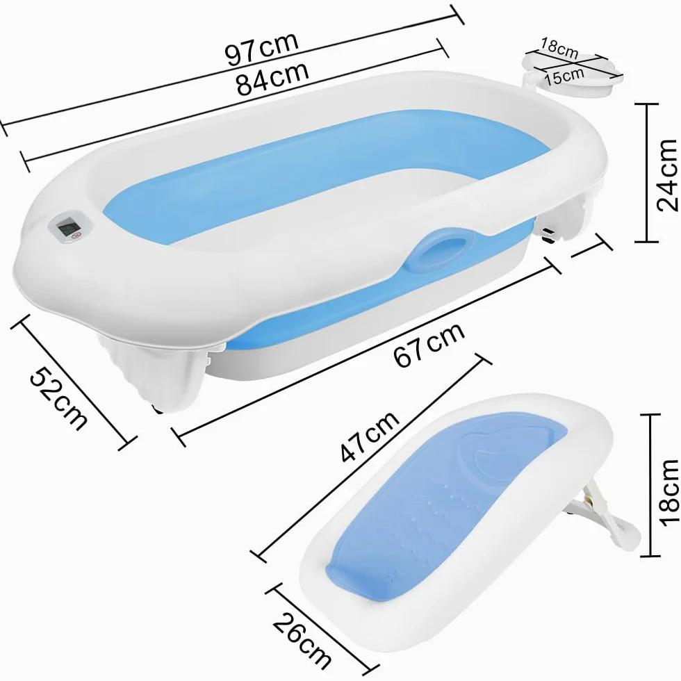 Vasca da bagno pieghevole con cuscino di supporto per il bagno, con cuffia da bagno impermeabile, supporto, termometro, pieghevole compatto e facile da pulire