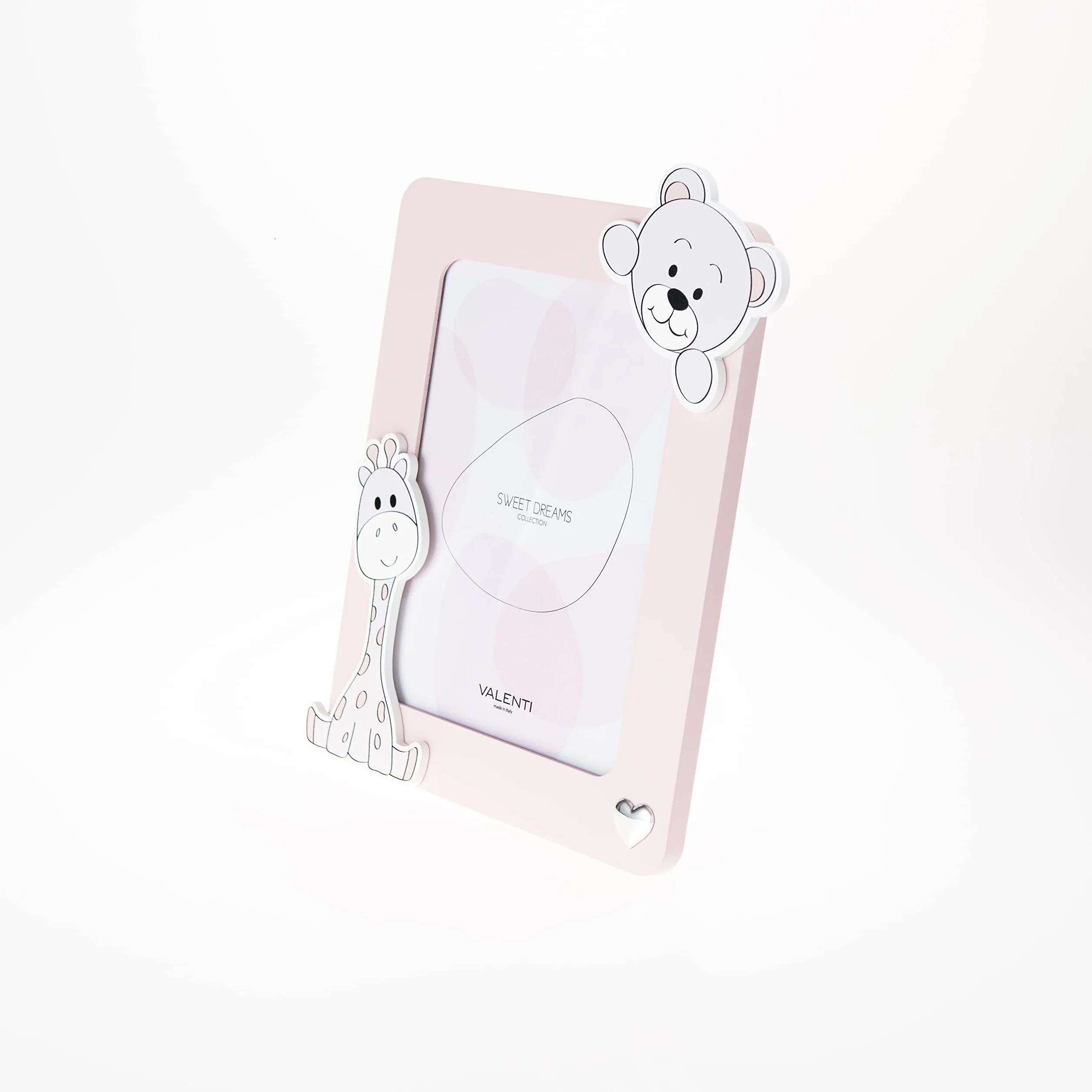VALENTI & CO. - Cornice Porta Foto rosa in legno con animali dello zoo, da Tavolo o da appendere come decorazione in cameretta, idea regalo per Neonato e Bambino - 13x24