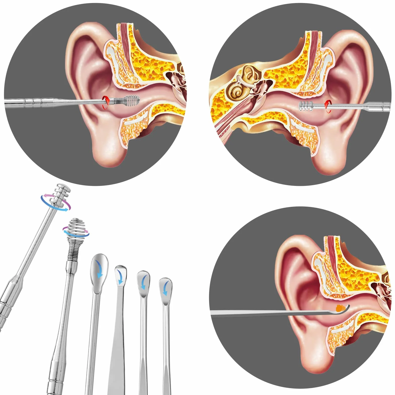 Cucchiaio per Orecchie Kit di Rimozione del Cerume Pulisci Orecchie in Acciaio Inossidabile con Scatola Portatile Argento 6 Pezzi
