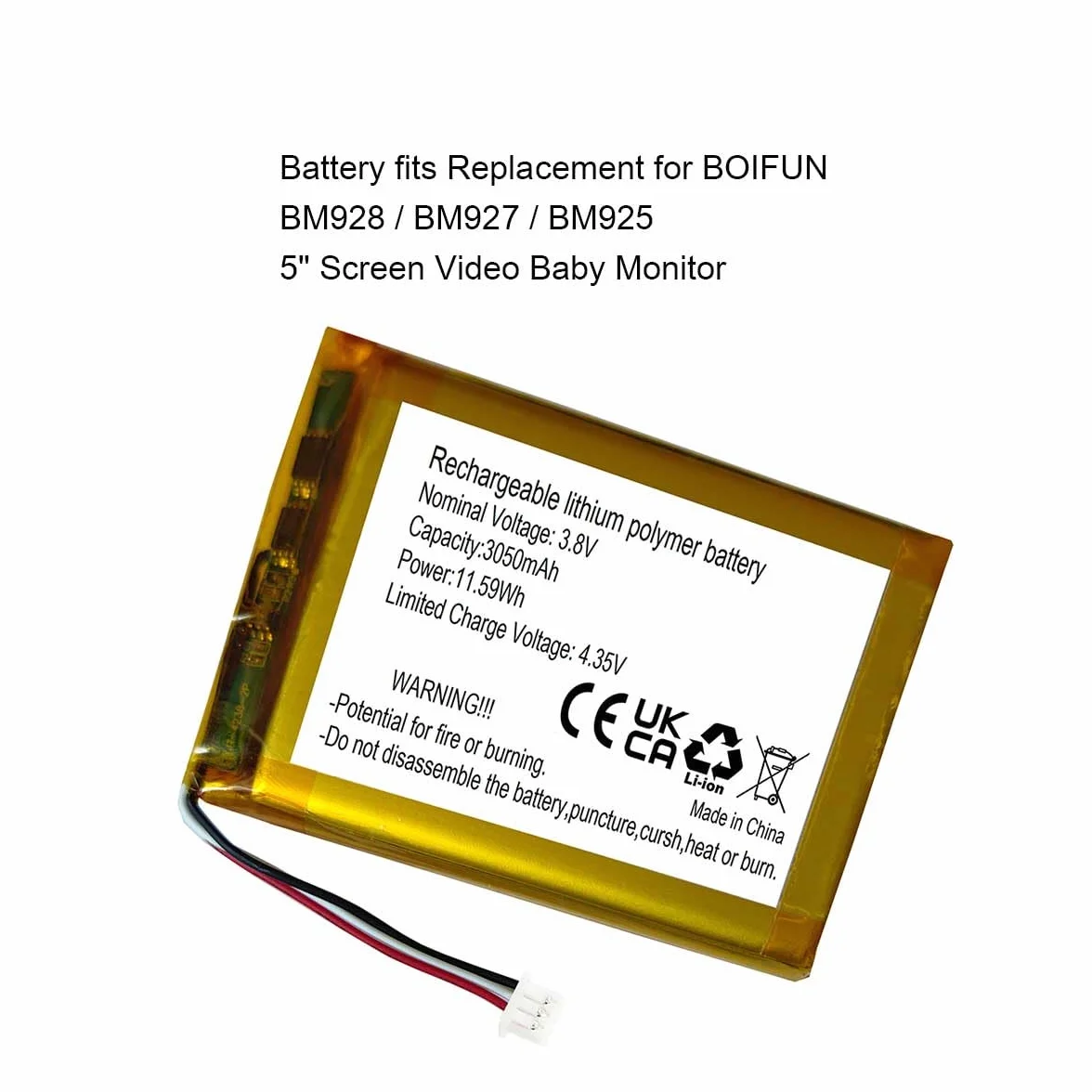 AOLIKES Batteria di ricambio 3,8 V 3050 mAh per BOIFUN BM928 / BM927 / BM925 / VB805 5" schermo video baby monitor