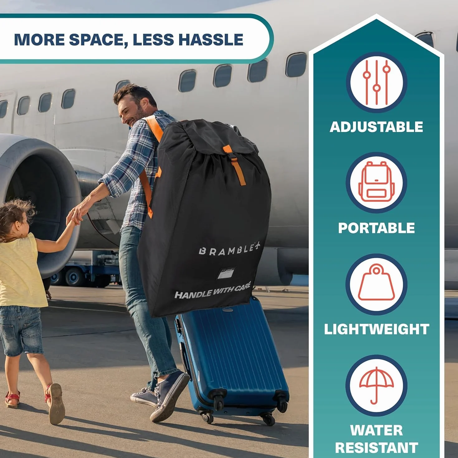 Bramble - Borsa da Trasporto Passeggino Gemellare XL per Aereo Gate Check - Nylon Balistico Idrorepellente con Spallacci Neoprene, Sacca & Finestra ID - 100 x 65 x 40 cm (Nero)