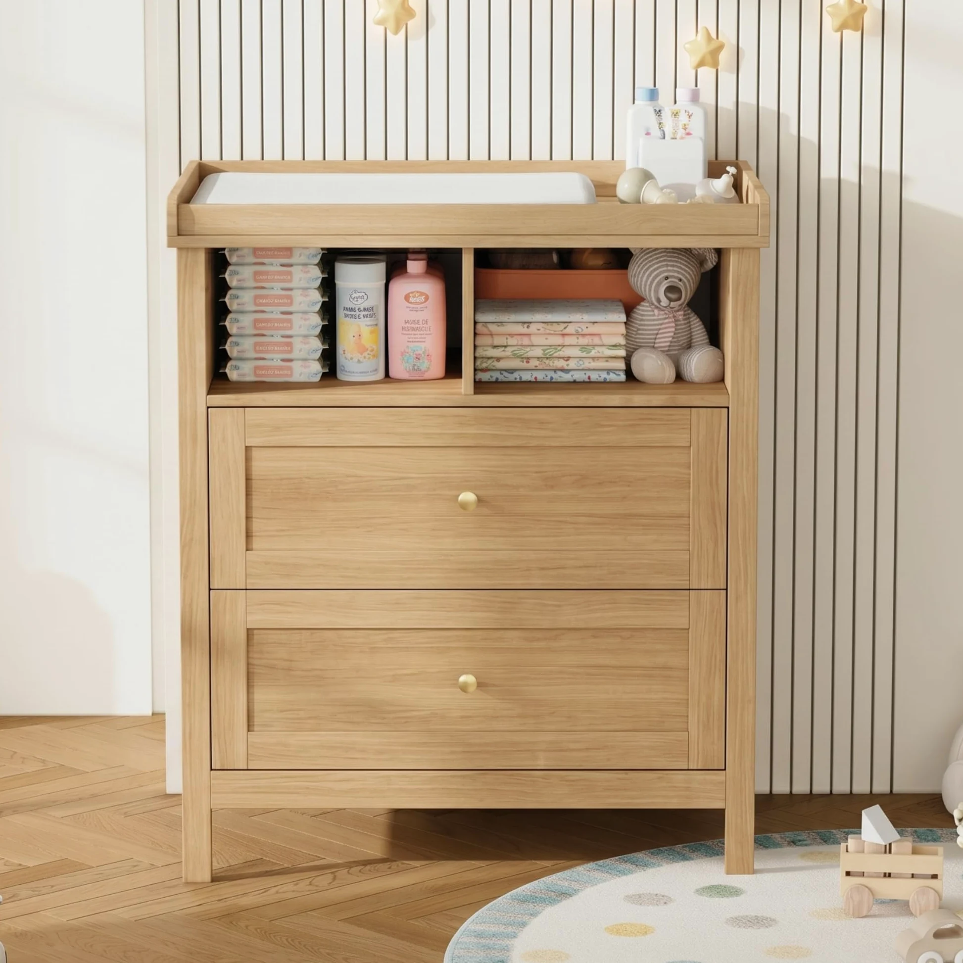 Merax Fasciatoio con fasciatoio multifunzione, fasciatoio per bambini con fasciatoio rimovibile, cassettiera con cassetti e spazio portaoggetti, fasciatoio convertibile, effetto legno, 82 x 50 x 90 cm