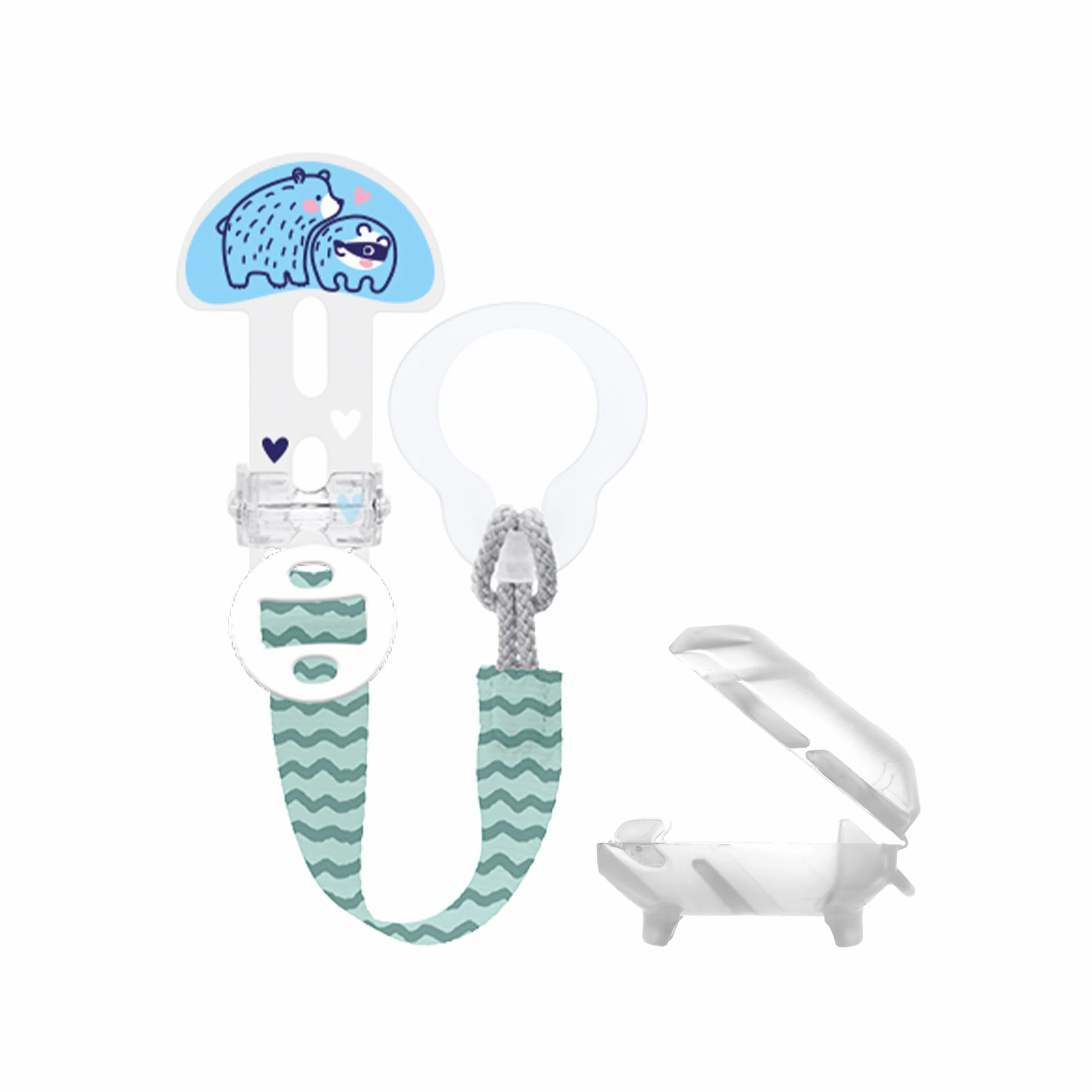 MAM Clip it! & Cover portaciuccio con protezione tettarella, supporto regolabile in lunghezza con anello rimovibile, adatto per ciuccio, massaggiagengive e giocattoli, orso