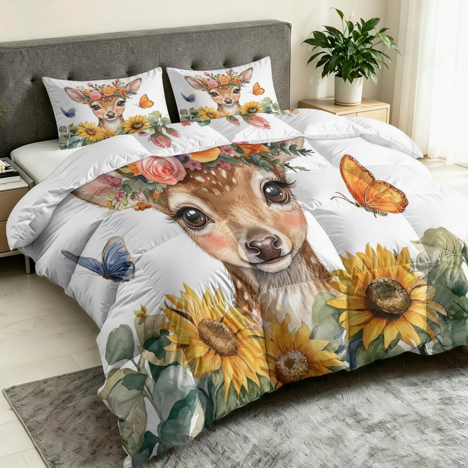 Piumino Animale Giraffa Girasole Stampato 2 Persone Reversibile 200 x 200 cm, morbido piumino 4 stagioni senza copripiumino, anallergico lavabile Cartoon floreale modello per bambini adolescenti