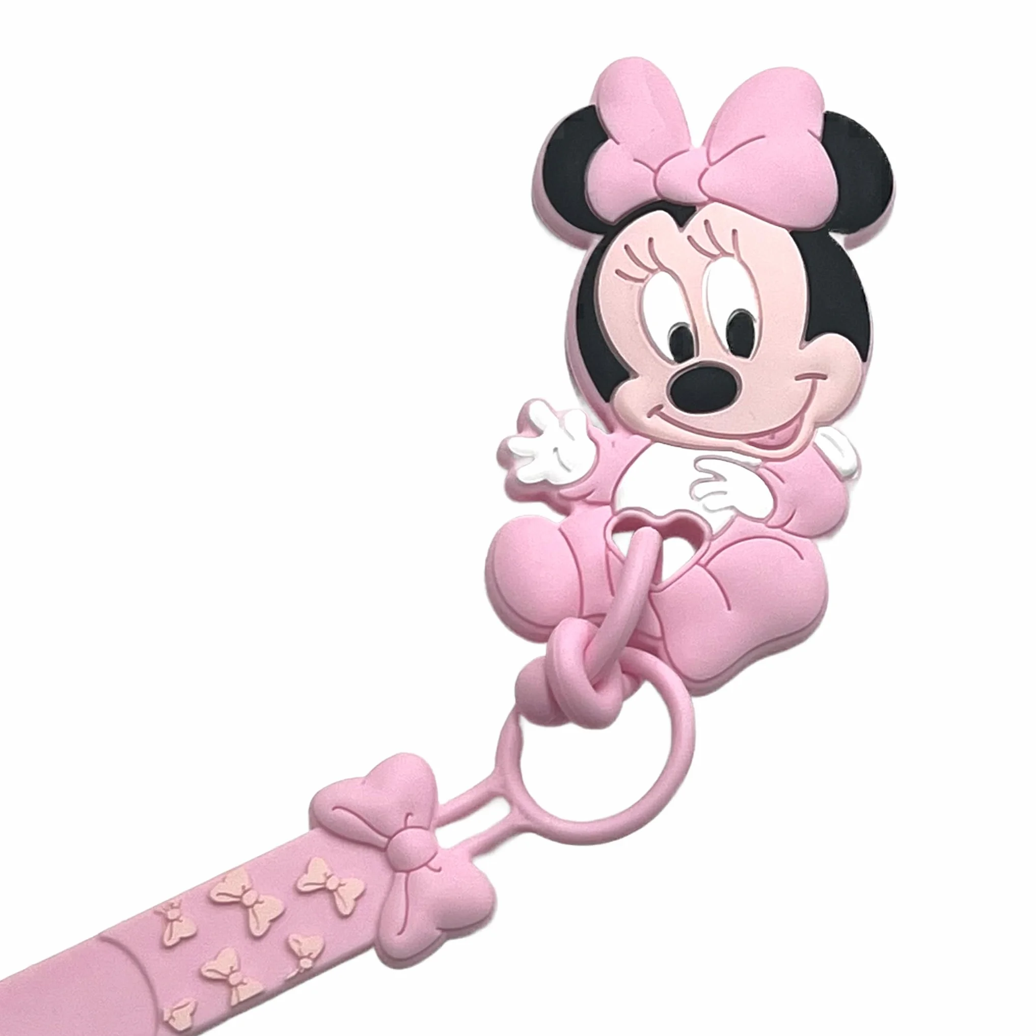 NOVITÁ Fettuccia IN SILICONE, Catenella portaciuccio personalizzata con nome FLAT BABYJART, lavabile, sicura per il bambino, compatibile con ciuccio MAM e CHICCO! (Minnie Rosa Pastello)