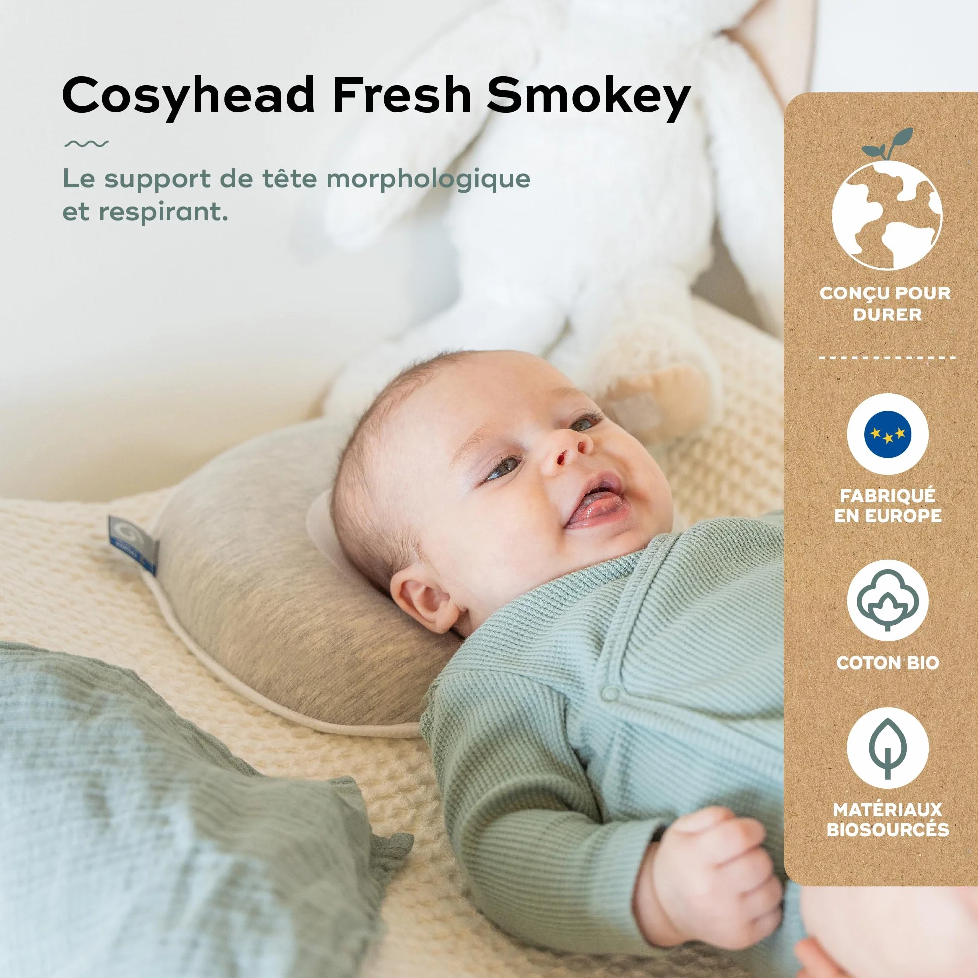 Babymoov Cosyhead Fresh Smokey, cuffia ergonomica e traspirante per bambini, made in Europe