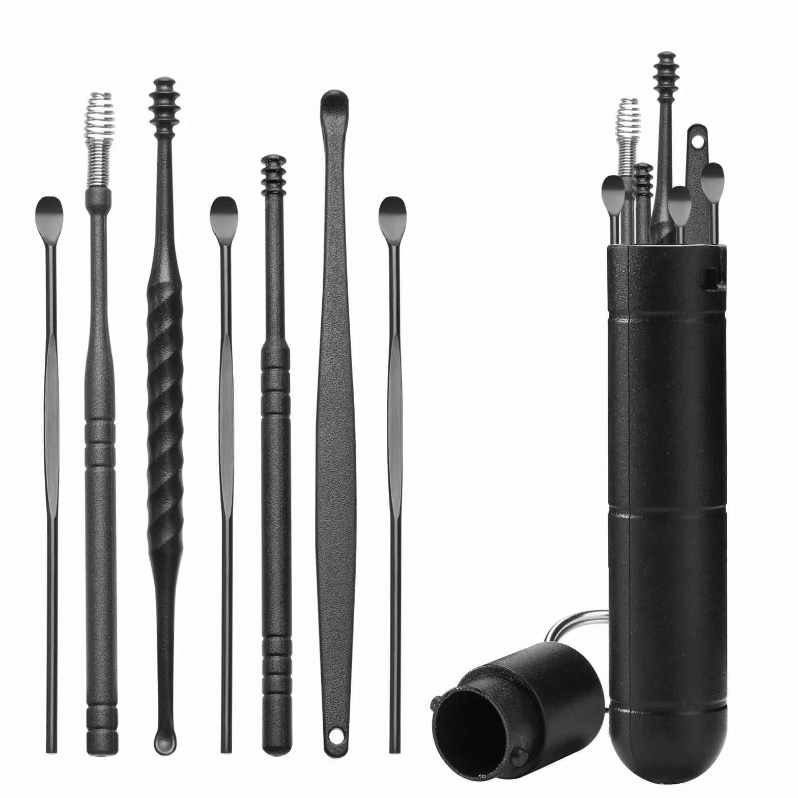 7Pezzi Pulisci Orecchie, Kit di Rimozione del Cerume Strumenti per Pulizia dell’Orecchio Riutilizzabile in Acciaio Inox con scatola portaoggetti per Adulti e Bambini Pulizia Dellorecchio, Nero