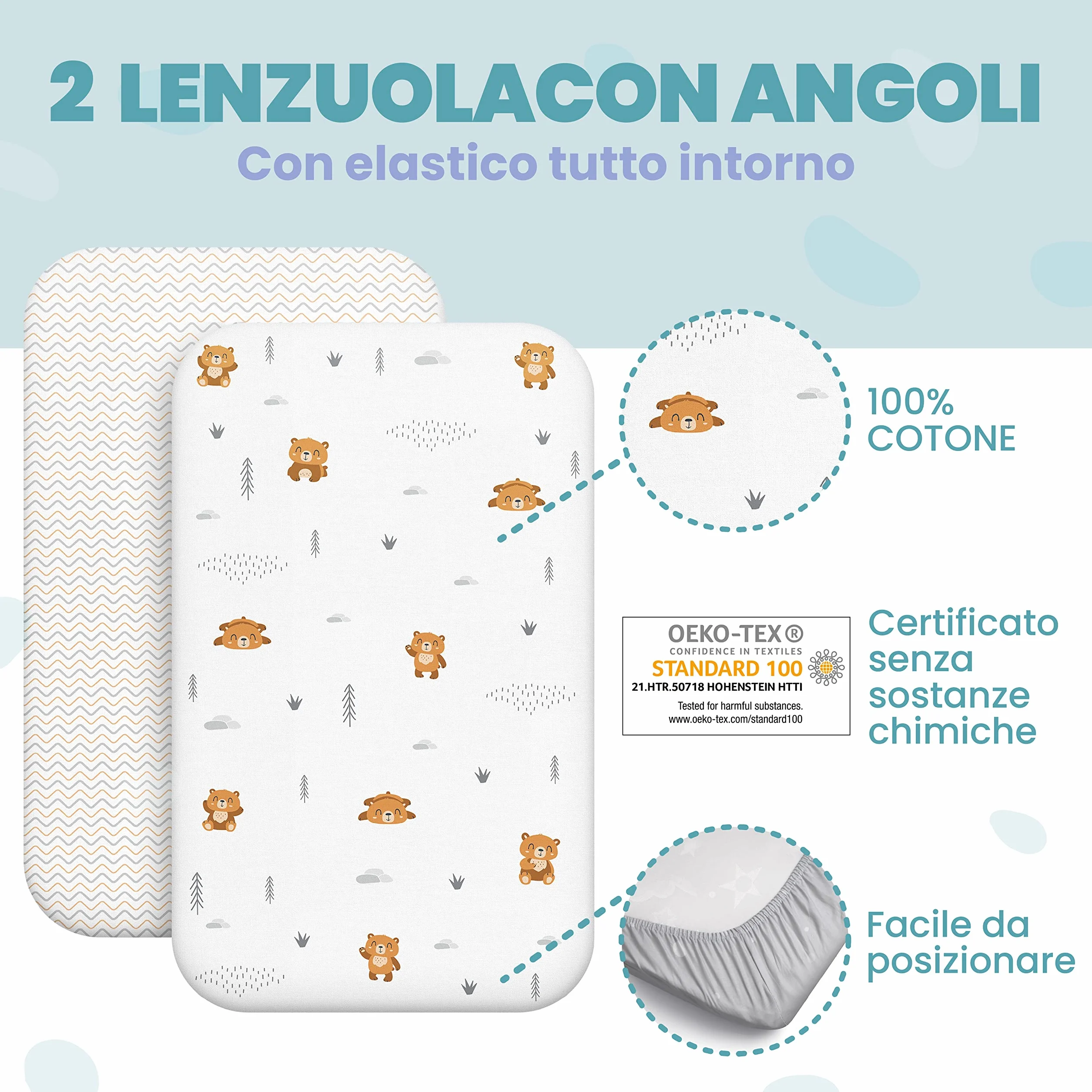 Lenzuola Next To Me 3-in-1 Set da 2 + Coprimaterasso Impermeabile 50x83 cm per Culla Co-sleeping Motivo Orsetti