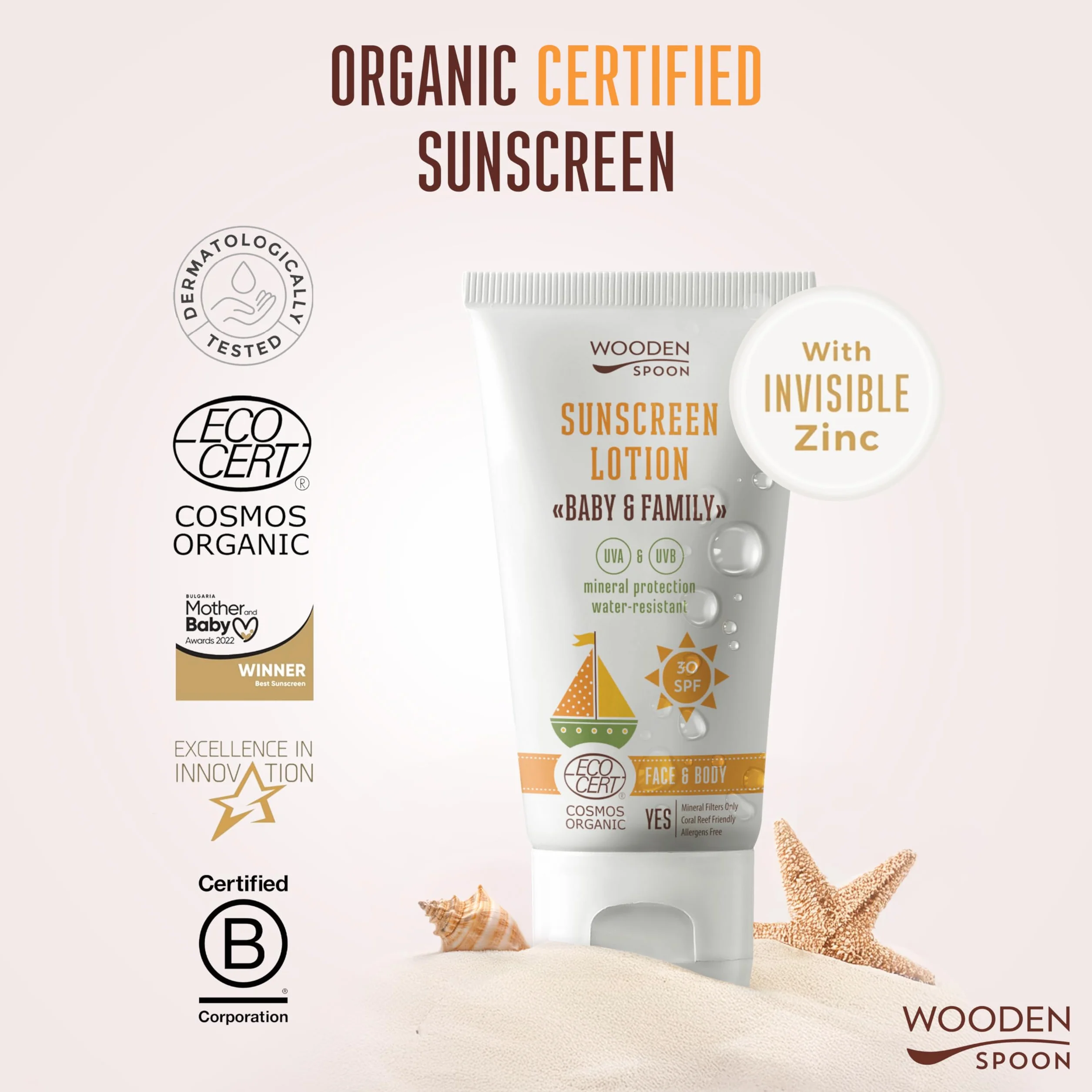 Wooden Spoon Crema Solare Biologica Bambini e Famiglia SPF30 – 100% Naturale, Zinco Invisibile, Senza Residui Bianchi, Ipoallergenica, Vegan, Resistente all’Acqua – 150 ml
