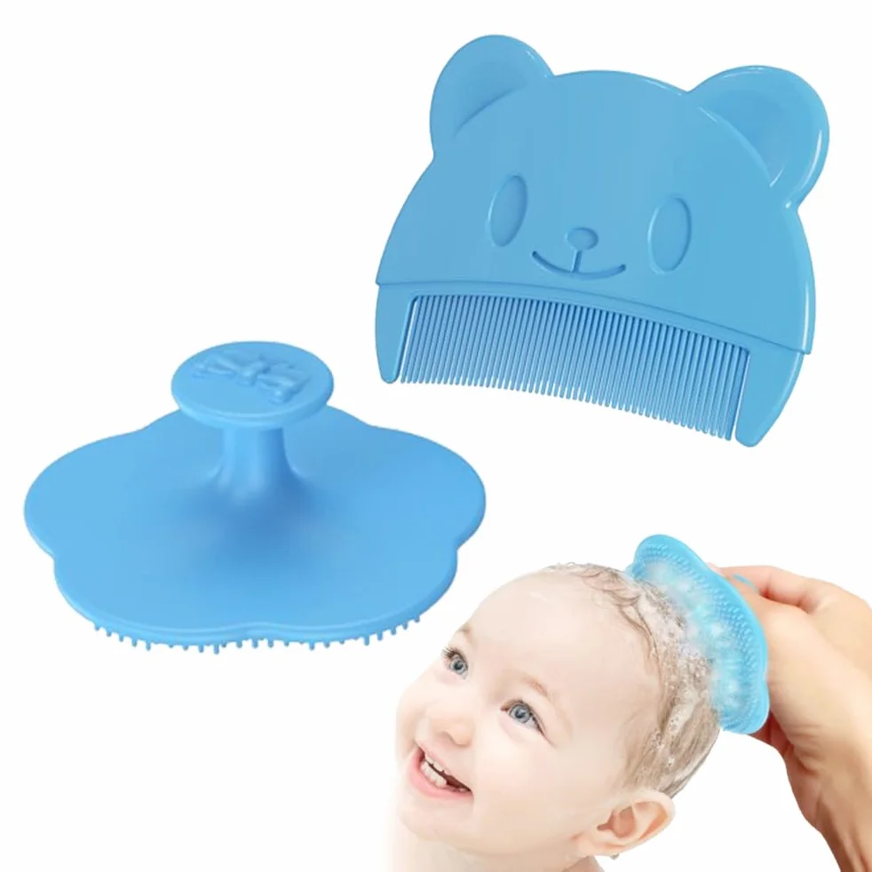 Set di 2 Pettini per Neonati in Blu - Pettini e Spazzole in Silicone per il Massaggio del Cuoio Capelluto - Ideali per i Piccoli Bambini