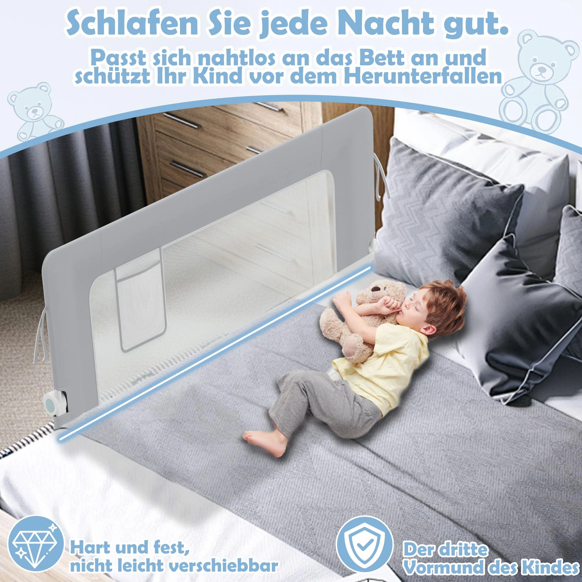 LZQ Zanzariera per letto per bambini, pieghevole, protezione contro le cadute, protezione dal letto, per bambini, protezione contro le cadute (grigio chiaro, 180 cm)