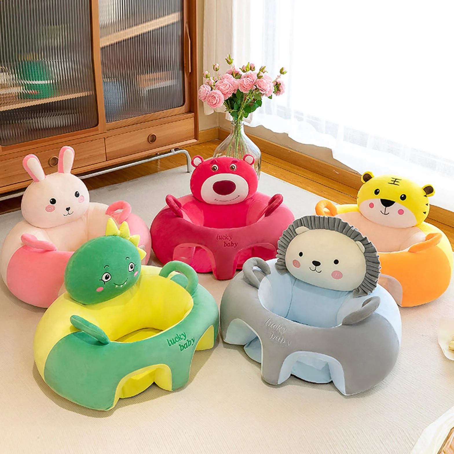 Seggiolino di supporto per bambini con animali dei cartoni animati, in peluche, per imparare a sedersi, lavabile, per schienale della testa, seduta (solo copertura)