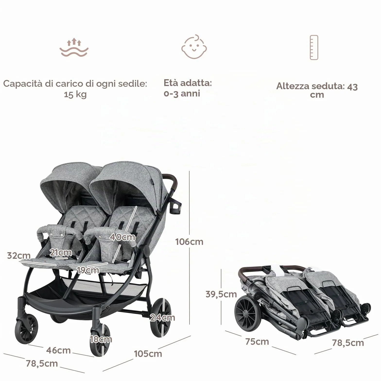 LIFEZEAL Passeggino doppio fianco a costa, Tandem gemelli pieghevole, schienale reclinabile a 3 posizioni, poggiapiedi, imbracatura a 5 punti, carico 15+15 kg, bambino 0-3 anni (grigio chiaro)