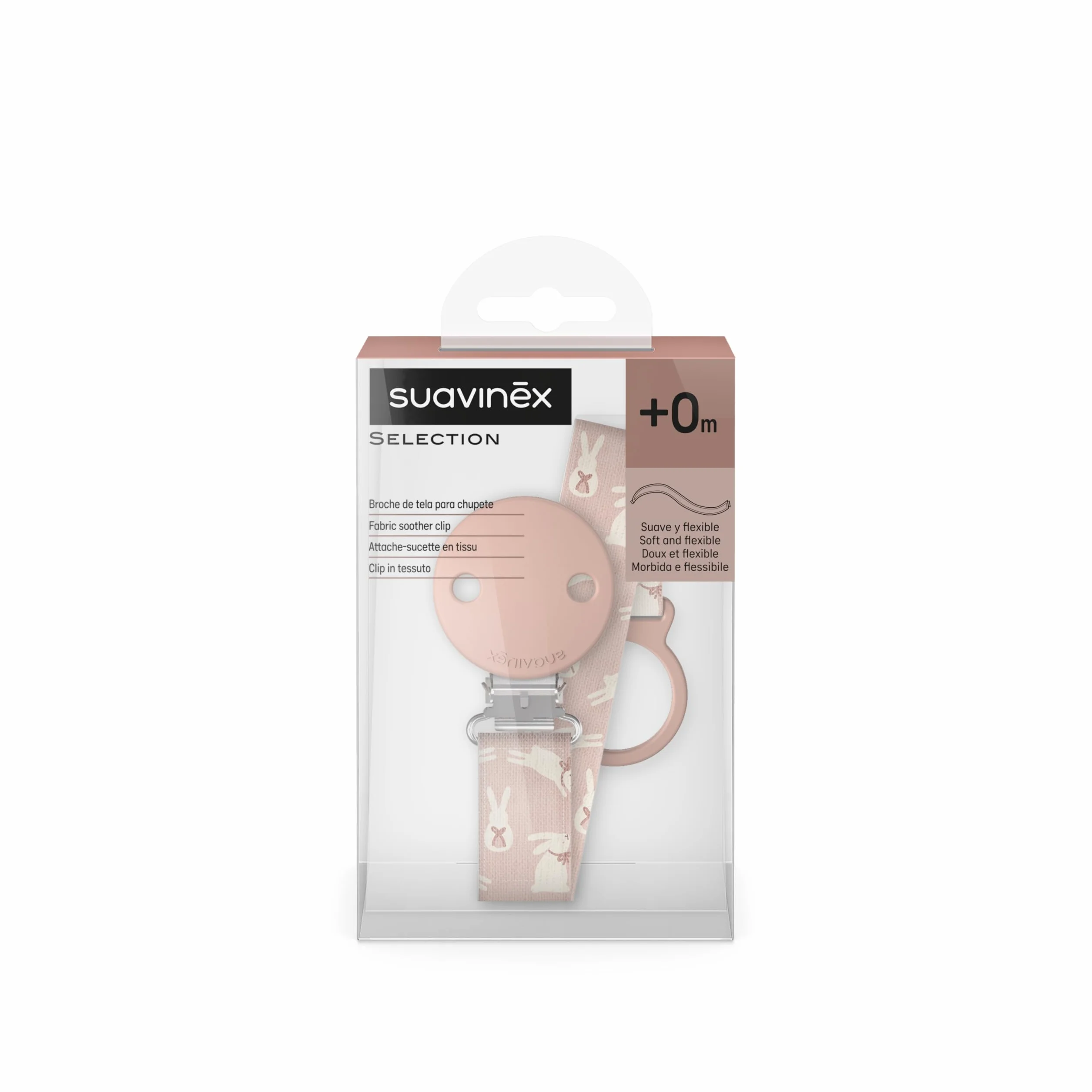 Suavinex, Portaciuccio in tessuto per neonati, Nastro con disegno double-face, Catenella per ciuccio, Clip con fermaglio, per ciucci con anello. +0 mesi, adatto ai neonati, Wonder Coniglietti Rosa