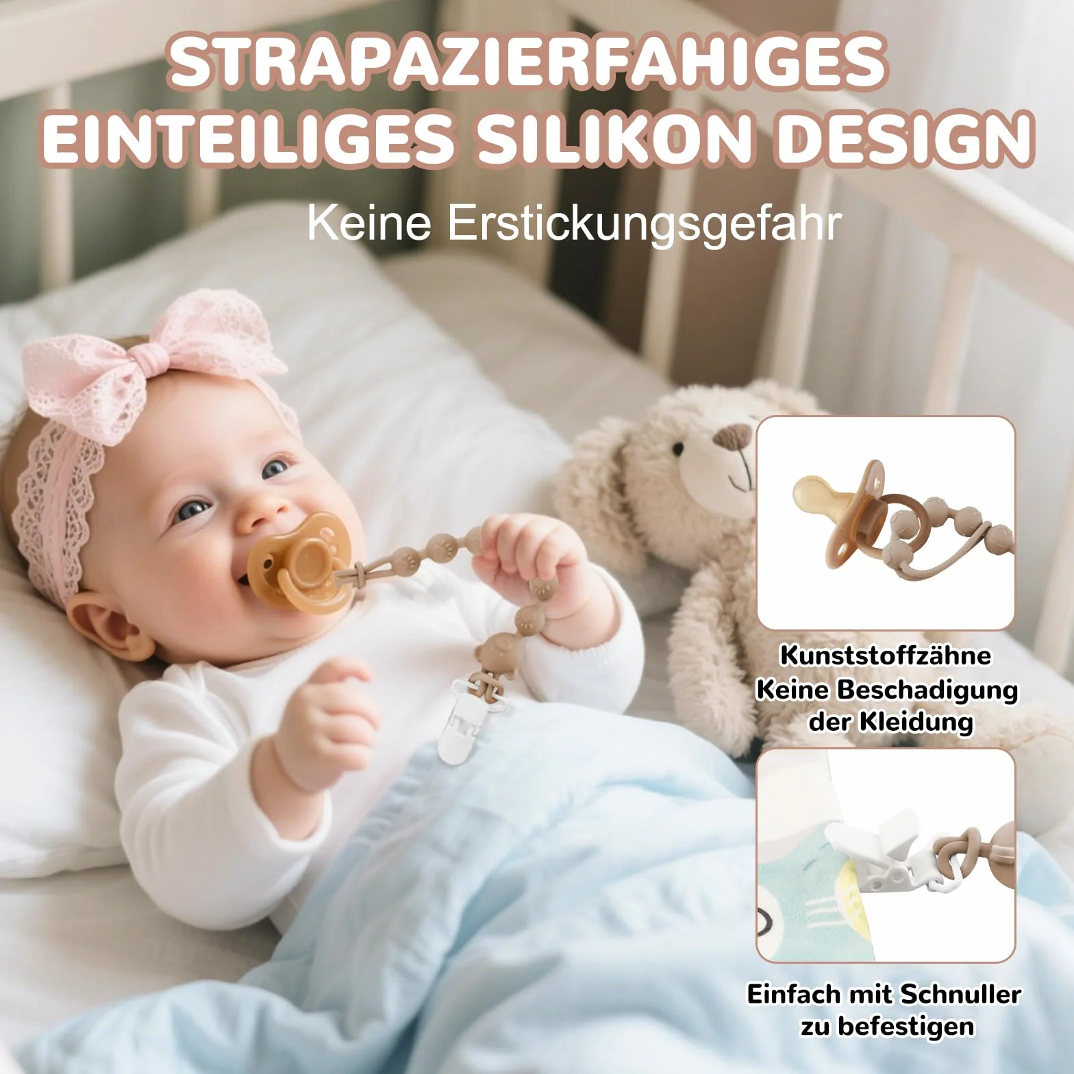 Confezione da 4 catenelle per ciuccio, in silicone con clip di sicurezza, per ragazzi e ragazze, Pacifier Chain e clip per ciuccio, facile da pulire, catene per ciuccio per passeggini e