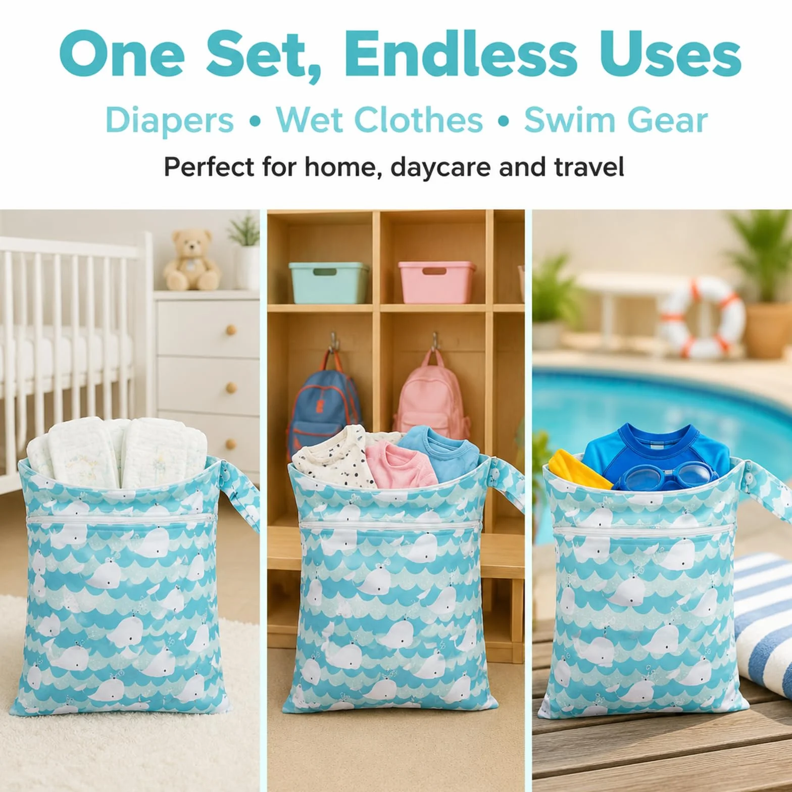 Set da 3 Wetbags Blu Balena Design, Borse Impermeabili per Pannolini e Indumenti bagnati per Neonati e Asilo, Wetbag Portatile per Viaggio con Dolce Motivo Balena