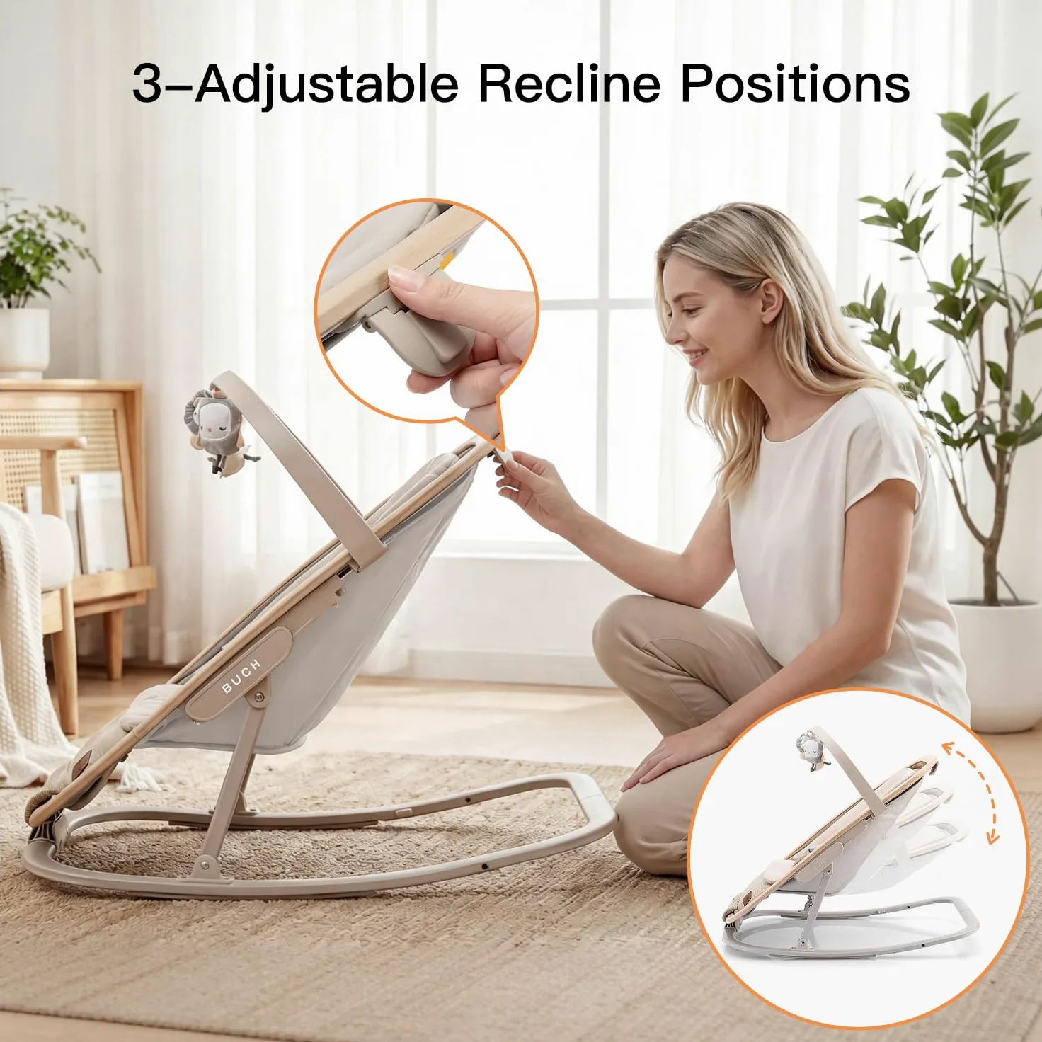 Gromast Sedia a dondolo 2 in 1 per neonati, dondolo portatile con 3 posizioni di reclinazione, giocattoli da appendere e borsa da viaggio - Beige