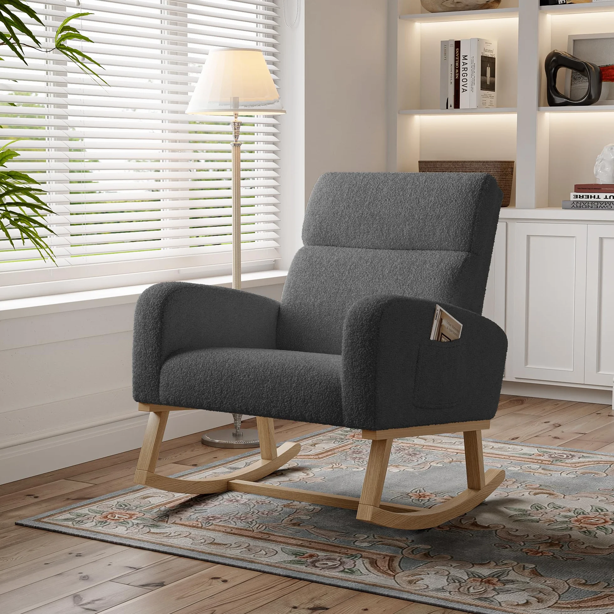 Sedia a Dondolo, Sedia a Dondolo da Interno, Poltrona a Dondolo con Due Tasche Laterali, Poltrona a Dondolo Allattamento con Gambe in Legno Massello, Lino, Grigio scuro