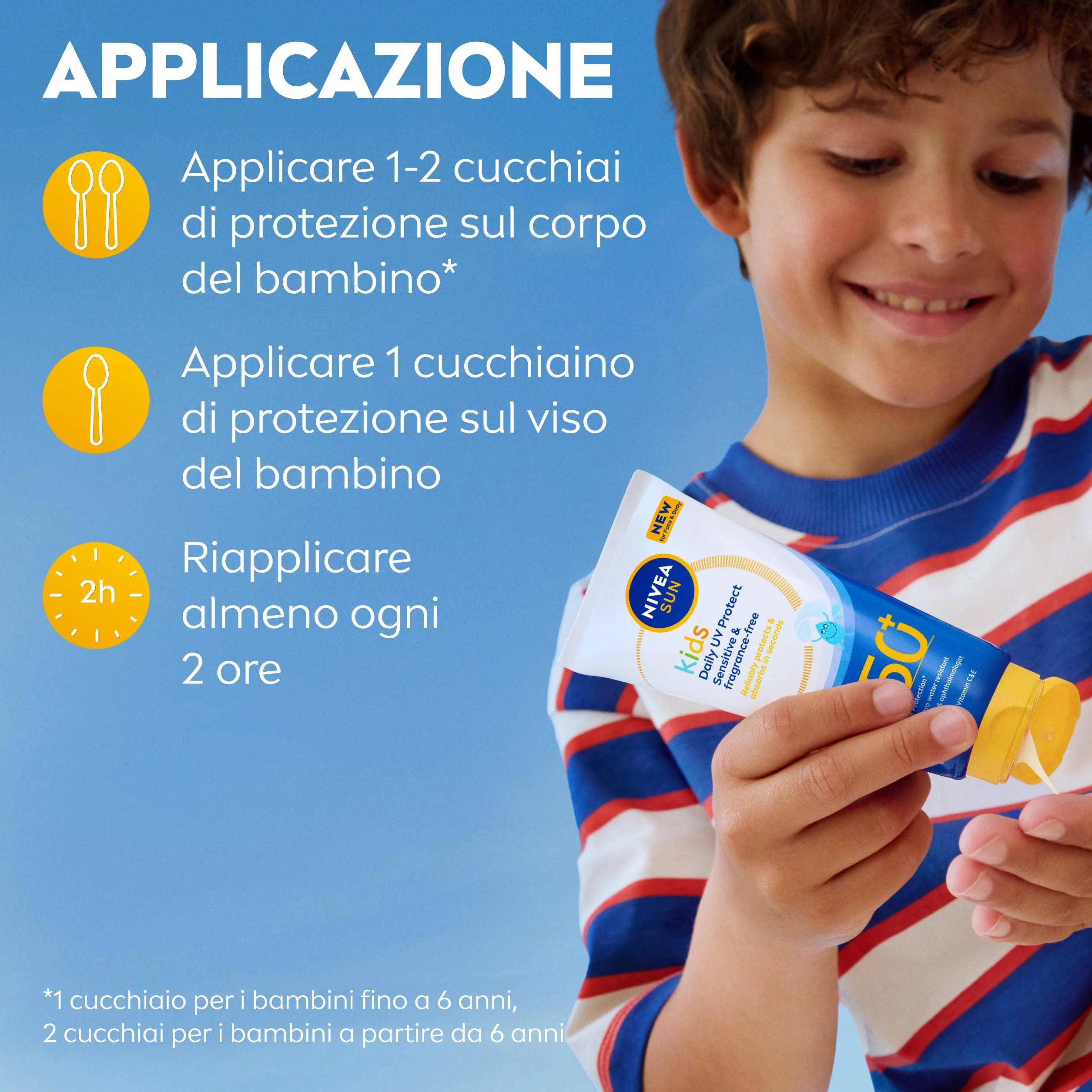 NIVEA SUN Kids Protezione UV Quotidiana SPF 50+ 100 ml, Crema solare 50 bambini per viso e corpo, Protezione solare 50 bambini extra resistente all'acqua, Per pelli sensibili, Senza profumo