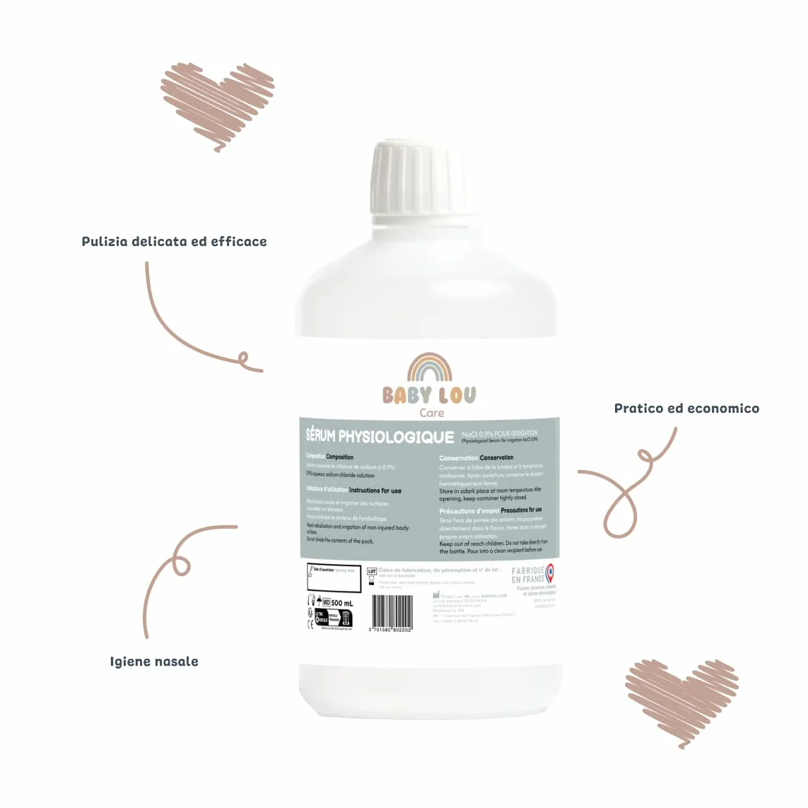 Siero fisiologico in bottiglia 4x500ml | NaCl 0,9% | Prodotto in Francia | Lavaggio delle fosse nasali | Igiene del naso | Per irrigazione esterna