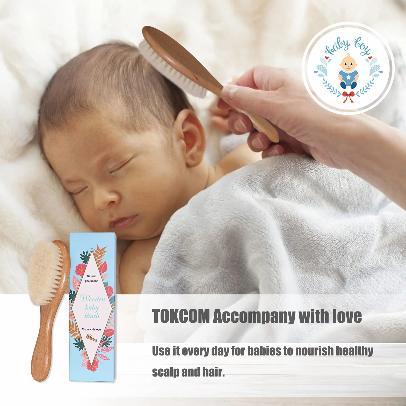 Spazzola per capelli per bebè, Spazzola per massaggi per bebè con manico in legno e setole di capra super morbide per neonati e bambini piccoli