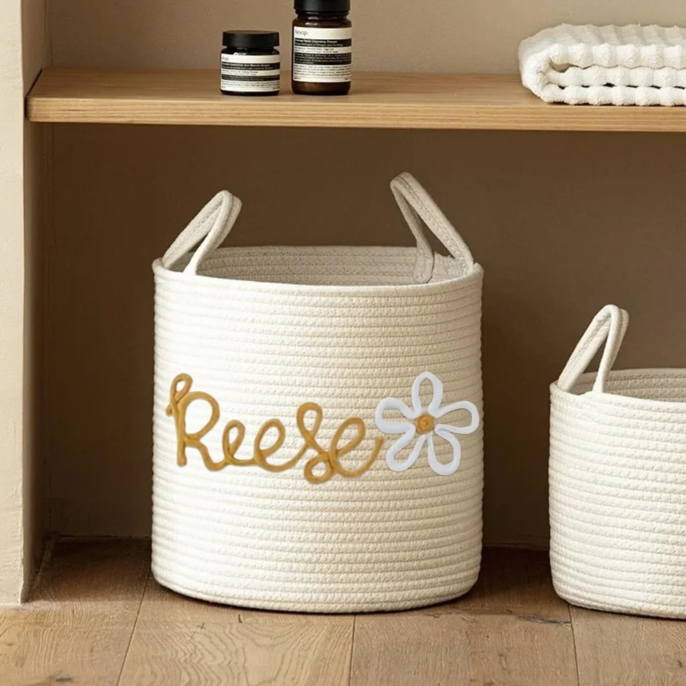 Cesto portaoggetti in cotone personalizzato for giocattoli, cesto portabiancheria sporco con nome personalizzato e manico, contenitore for pannolini, contenitore for regali, lavoretto a maglia