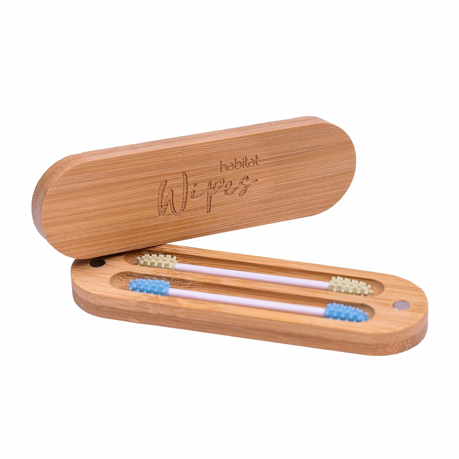 Habitat Wipes - Cotton Fioc Riutilizzabili per orecchie in Scatola di bambu - Materiale Ecologico in Silicone Reusable Biodegradabili Lavabili Eco-Friendly - Verde e Blu
