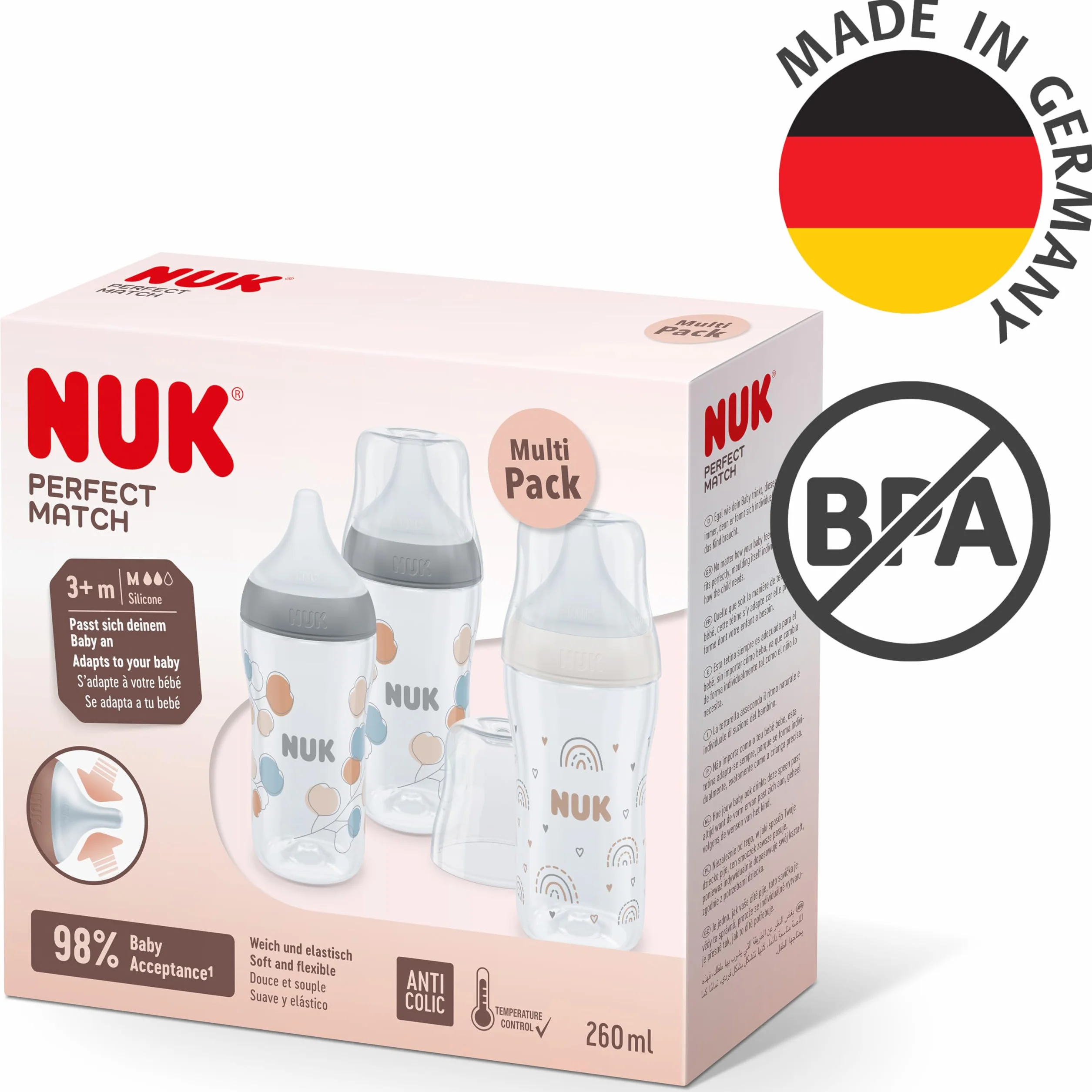 NUK Set biberon Perfect Match | 3+ mesi | Si adatta al palato del bambino | Controllo temperatura | Sfiato anti-colica | 260 ml | Senza BPA | Tettarella media in silicone | Arcobaleno e fiocco | 3 pz