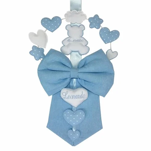 Fiocco Nascita Azzurro PERSONALIZZATO con NOME Ricamato Made in Italy micocca baby