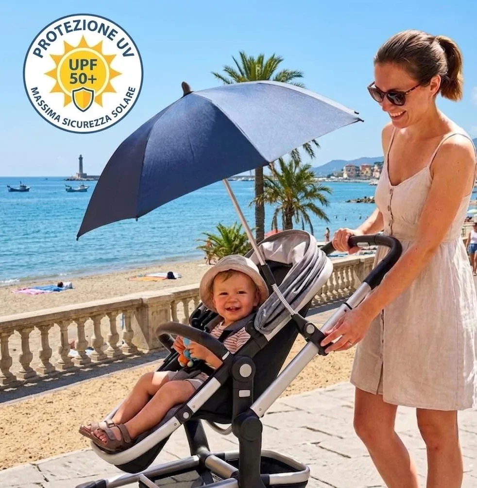 TC BABY'S Ombrellino per Passeggino, Universale, Anti UV, Ombrello Parasole, Protezione bambini (Blu)