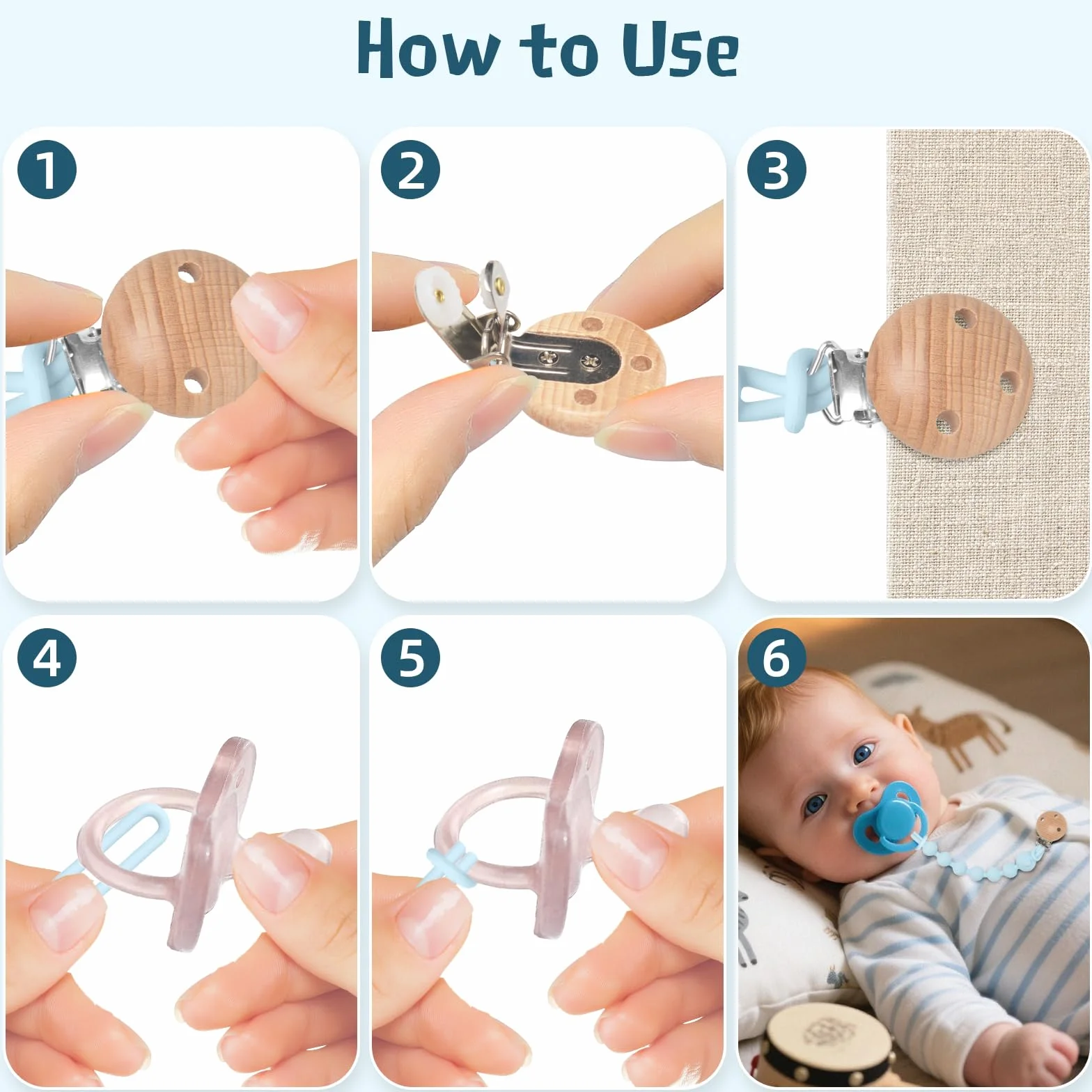 4 catenelle per ciuccio, in silicone, flessibilità, facile da pulire, catena per ciuccio e massaggiagengive 2 in 1, design 2 in 1, catenella per ciuccio, in legno, portabilità, aiuto dentale per
