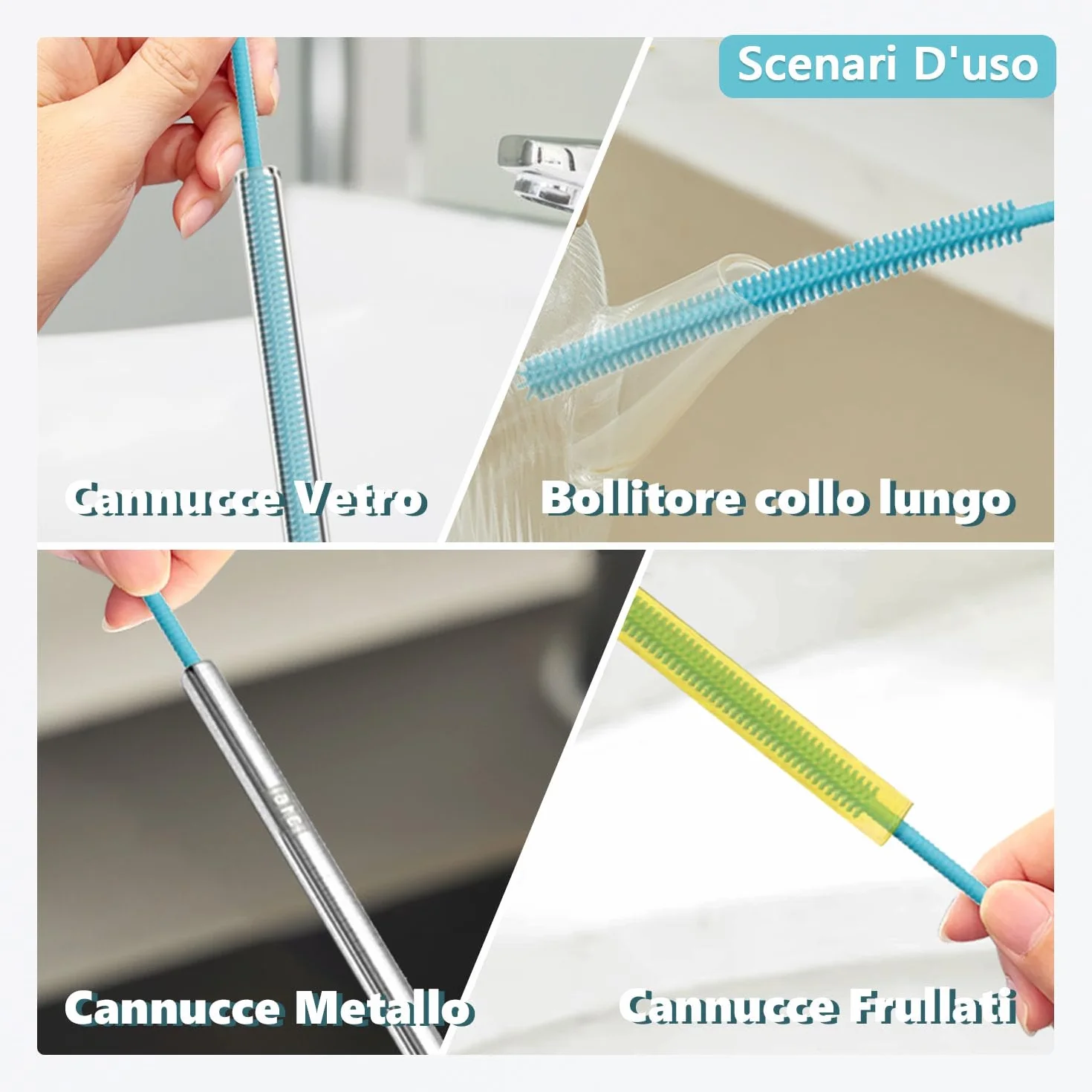 Spazzola Cannucce Silicone, 2Pezzi Scovolino per Cannucce Riutilizzabile per Vetro Metallo Frullati Cannucce e Tazze Cannuccia, Impugnatura Antiscivolo Morbida e Pieghevole, 6mm+9mm, Blu
