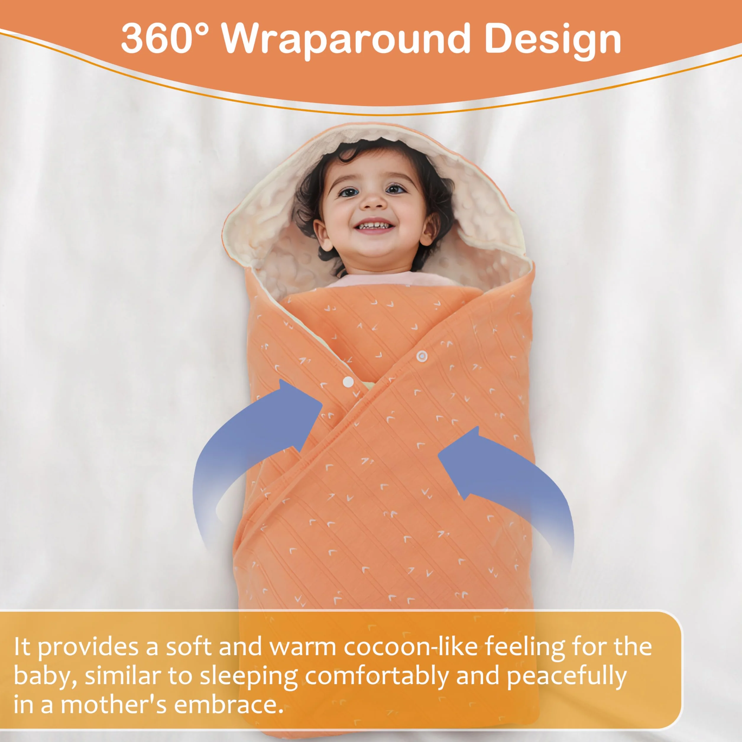 Coperta Avvolgente in 100% Cotone, 90*90cm Bifacciale Multifunzionale Copertina Accogliente con Cappuccio, Morbida Trapunta per Tutte le Stagioni, Adatto a Passeggino, Seggiolino, Unisex, Arancione