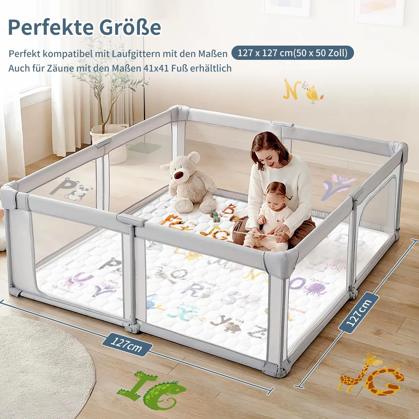 Tappeto Gioco Bambini 127x127cm,Addensare Tappeto Gioco Neonato Pieghevole con 26 Lettere,Stampa Animalier e Righello per l'altezza,Educare Tappeto Neonato,Antiscivolo,Lavabile in Lavatrice