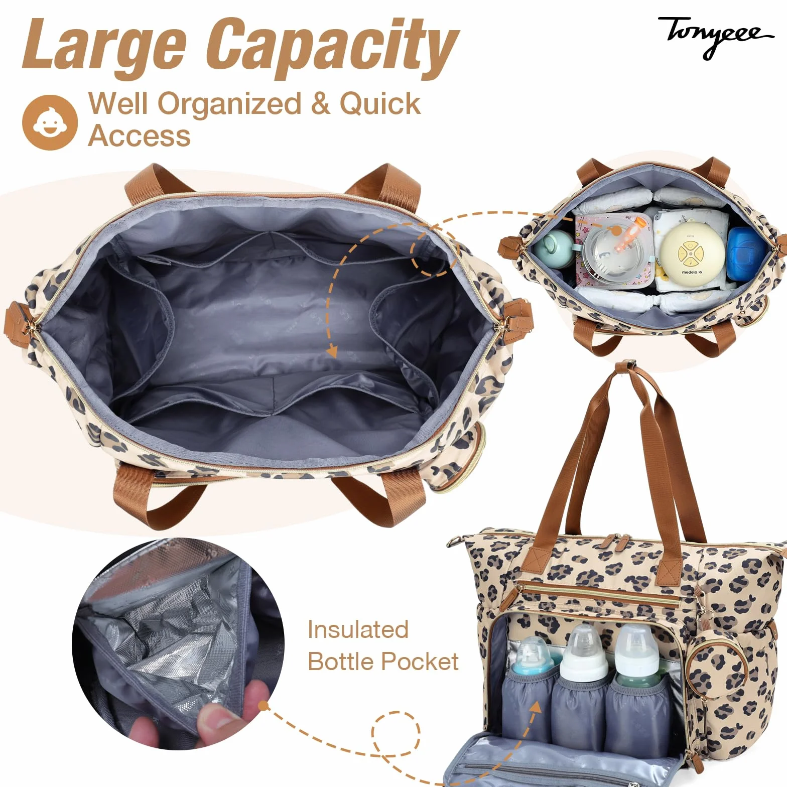 Borsa fasciatoio con borsa per ciuccio e fasciatoio, zaino multifunzione per pannolini da viaggio per mamma e papà, con leopardo isolato