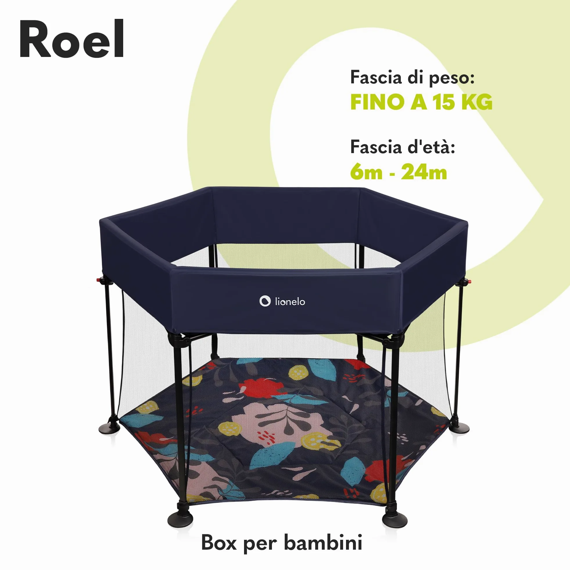 LIONELO Roel box bambini da 6 mesi fino a 15kg forma esagonale grandi dimensioni 135 x 118 x 83 cm Blocco di piegatura LockGuard, le pareti trasparenti, Gambe antiscivolo, Piegatura facile, Borsa