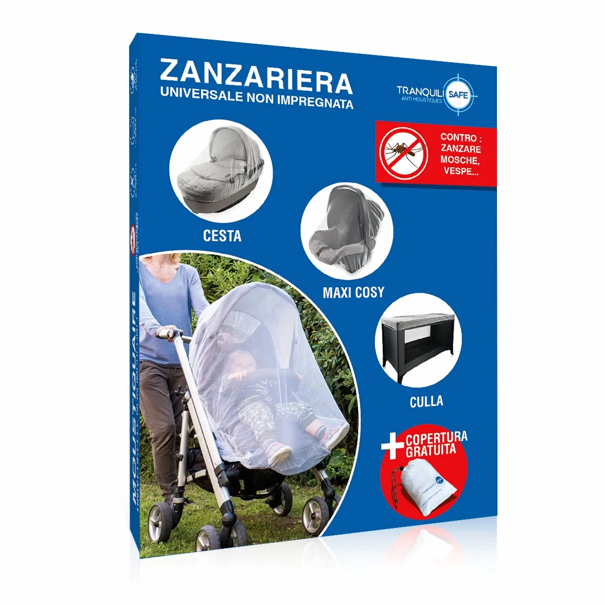 Zanzariera Universale TRANQUILISAFE® - Zanzariera per carrozzina, passegino, culla e lettino neonato di tutte le dimensioni - Protezione Antizanzare e Anti mosche - borsa di stoccaggio GRATUITA