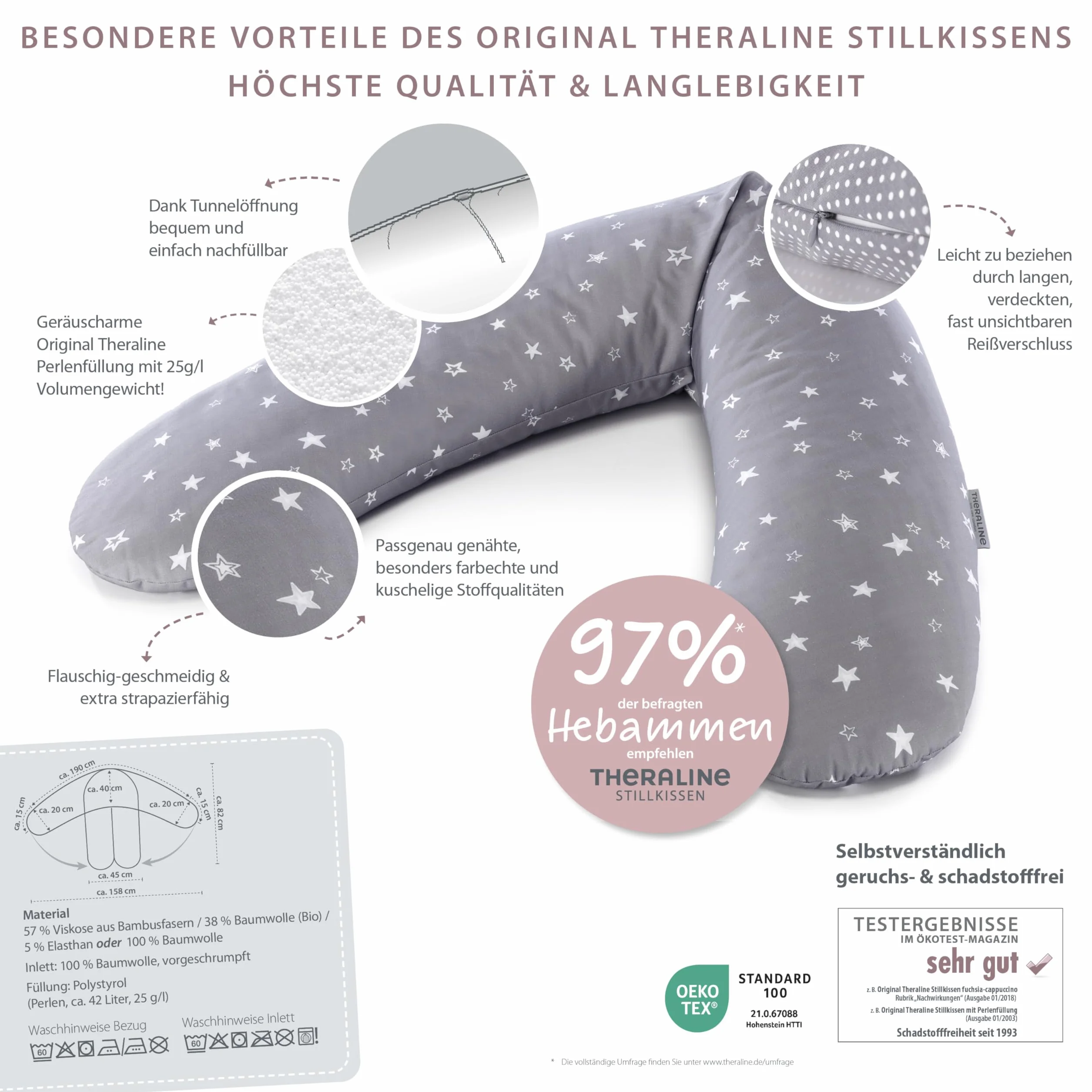 Theraline Cuscino originale per gravidanza e allattamento, imbottitura in microsfere sottili, rivestimento esterno melange grigio medio, collezione bambù, 190 cm
