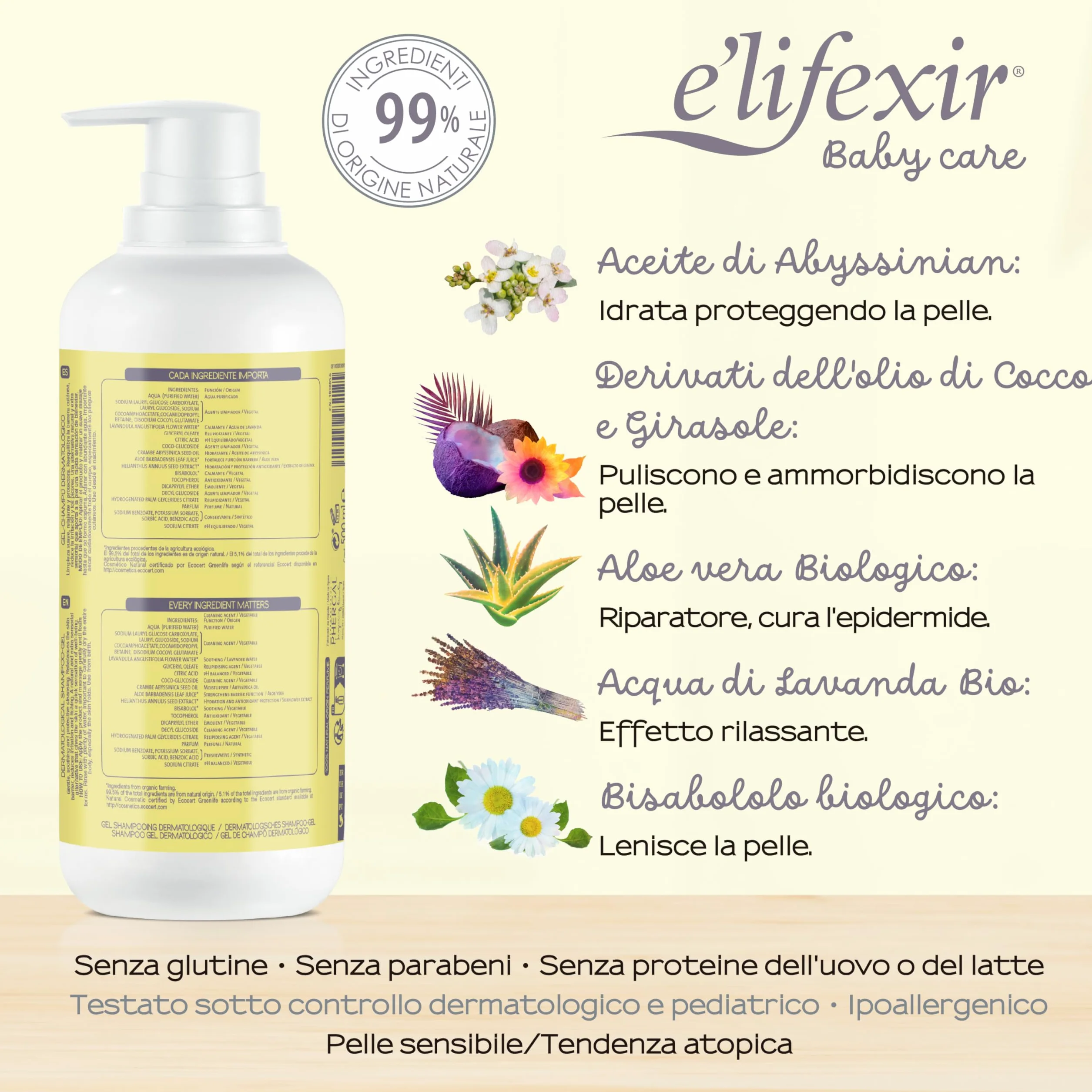Elifexir Baby Care | Shampoo Gel Dermatologico Ipoallergenico per Neonati | 99,5% Ingredienti di Origine Naturale | 500 ml