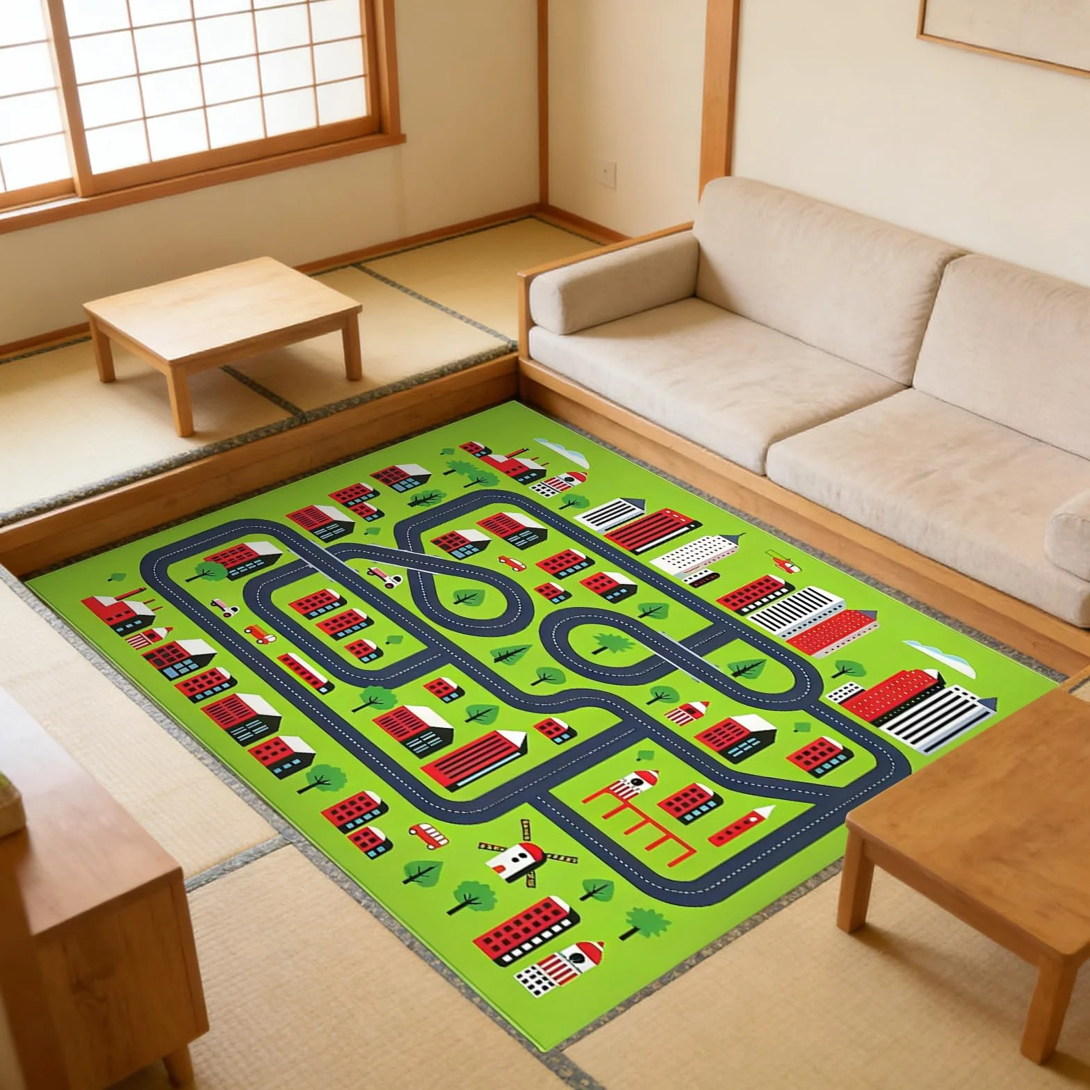 PORFOYO Tappeto Gioco,80 * 120 CM Tappetino Da Gioco,Tappeto Macchinine,Tappeto Stradale,Tappeto Da Gioco Pieghevole Per Decorare Una Sala Giochi O Una Camera Da Letto,Antiscivolo, Resistente,Verde
