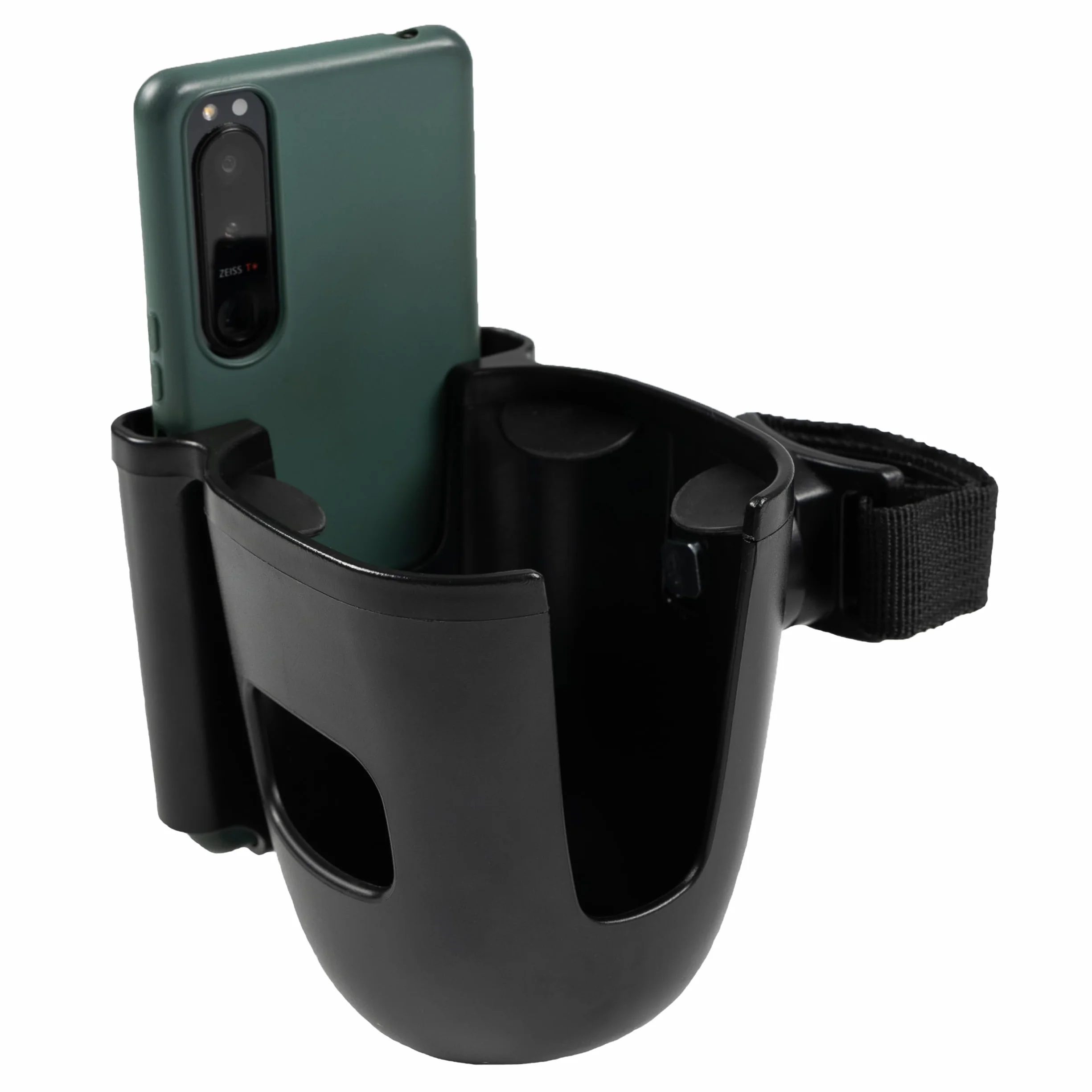 Zamboo Porta bottiglie Carrello con supporto per cellulare | Supporto per bevande universale 2 in 1 per bicchieri - Biberon e smartphone | Girevole a 360° | Facile da montare - Nero