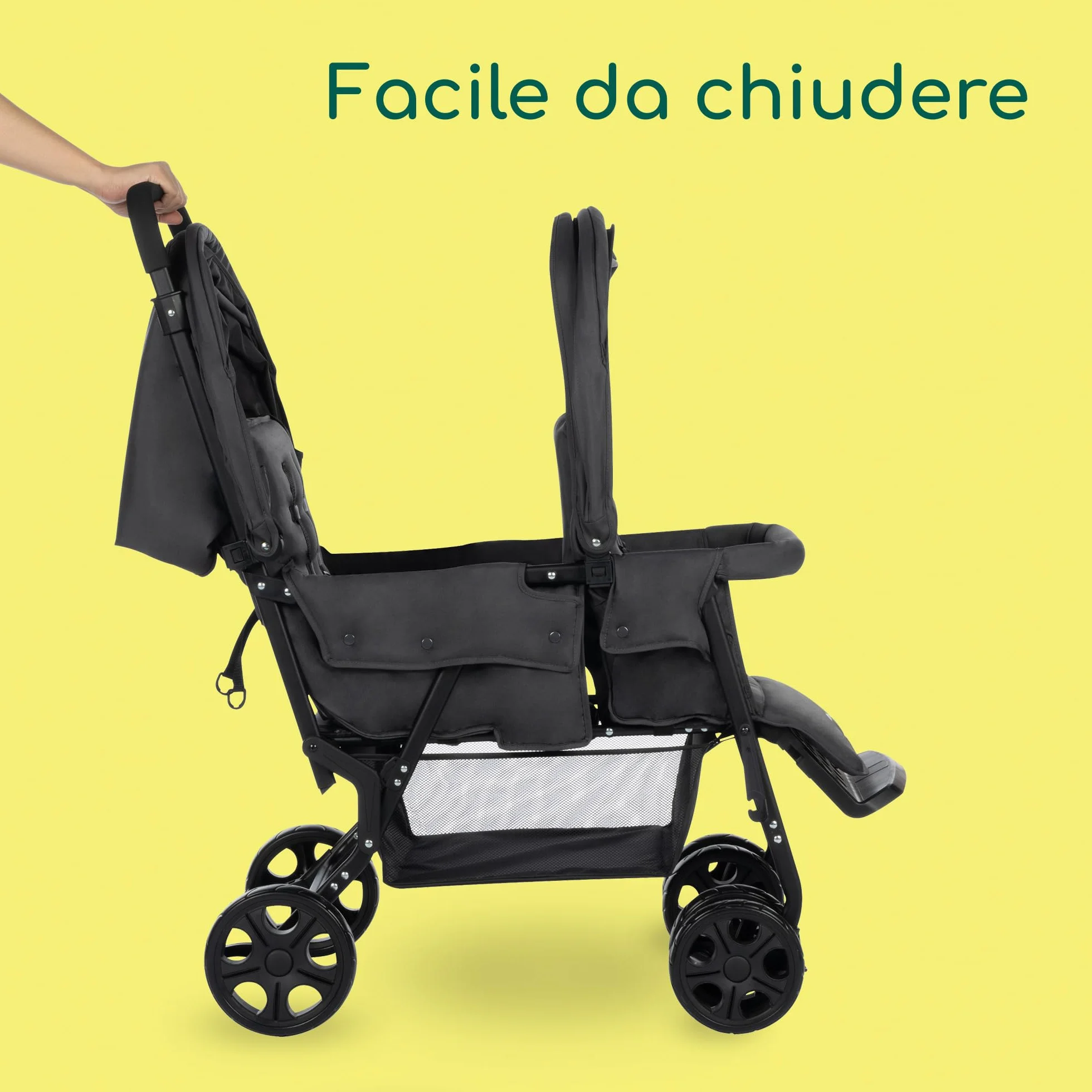 Bebeconfort Teamy passeggino fratellare gemellare lineare, passeggino tandem doppio leggero e compatto, pesa solo 12,5 kg, con parapioggia e coprigambe inclusi, Mineral Graphite