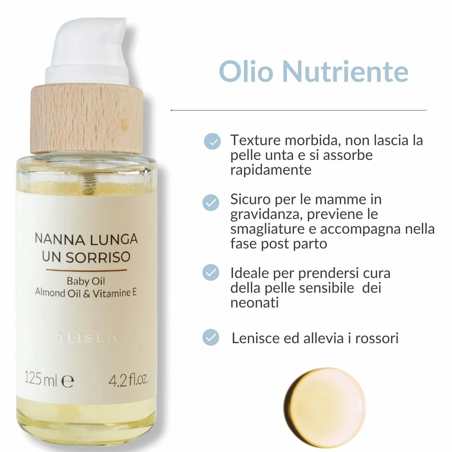 Alisea Parma Nanna Lunga un Sorriso, Olio Nutriente con mandorle dolci e Vitamina E. Per i primi massaggi al neonato, sicuro in gravidanza e alleato contro le smagliature. 125ml.