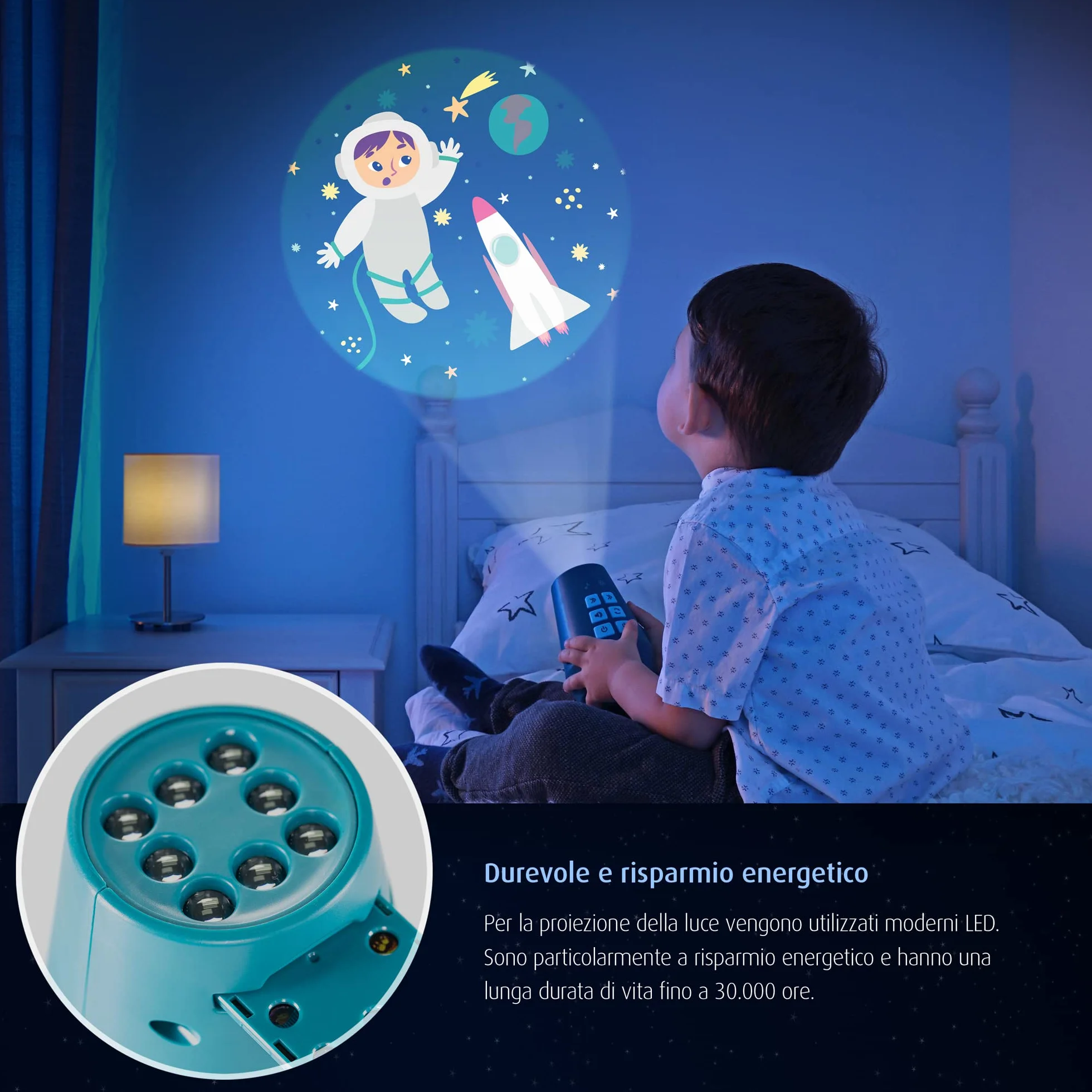 reer DreamBeam - Luce notturna con 24 immagini diverse, crea paesaggi da sogno su soffitto e parete, colore: Bianco