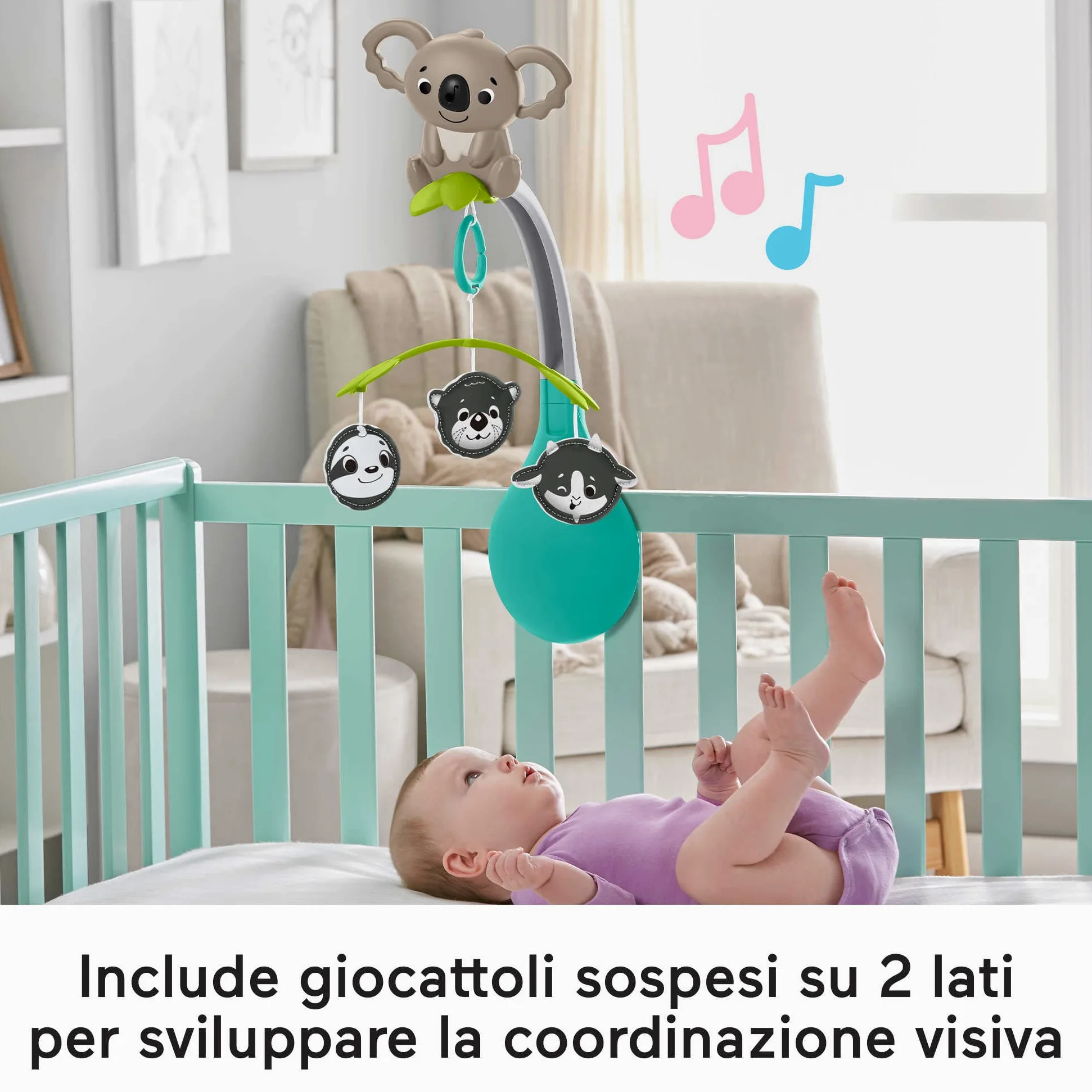 Fisher-Price - Giostrina Gioco e Relax 3-in-1, Include Un tenero Koala e 3 Giocattoli a Due Lati da Appendere, per culle, passeggini e da Portare a Passeggio, Giocattolo per Bambini, 0+ Anni, HGB90