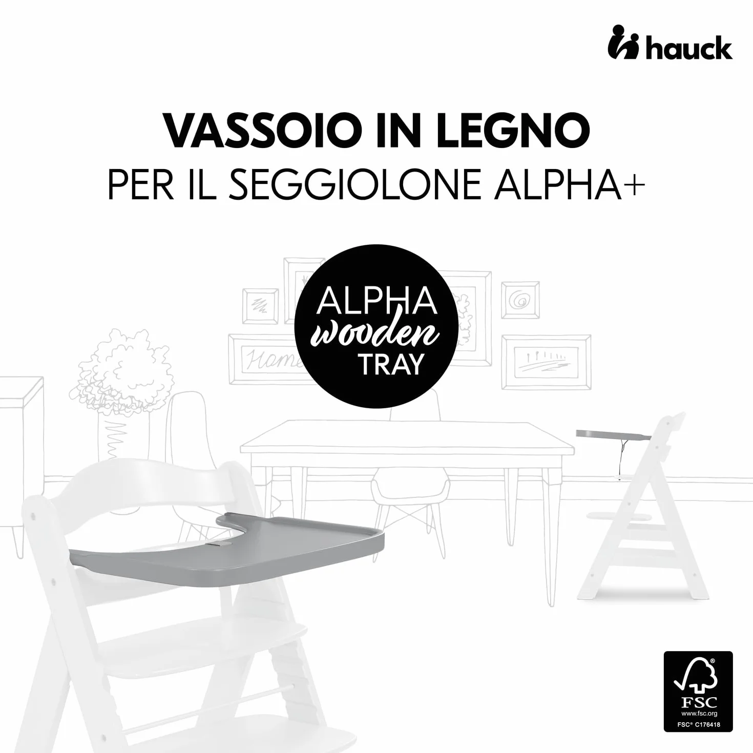 hauck Vassoio Seggiolone Alpha Wooden Tray - Vassoio in Legno di Faggio Cert. FSC, per Seggiolone Pappa Alpha+ e Beta+, Bordo Rialzato - (Grigio)